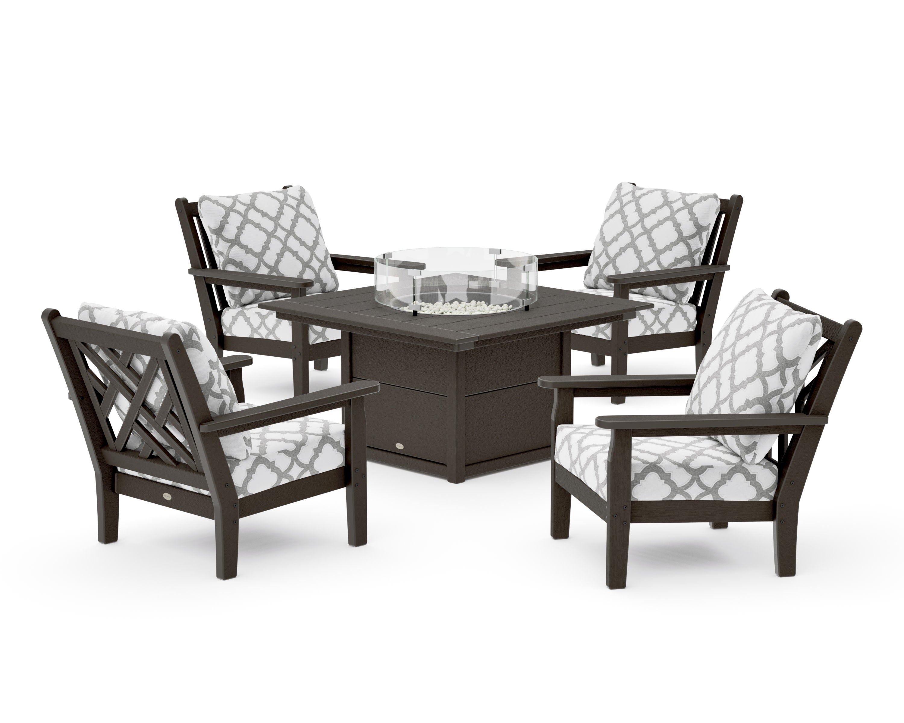 Chippendale 5-Piece Deep Seating Set with Fire Pit Table in Vintage Coffee / Trellis Grey Mist