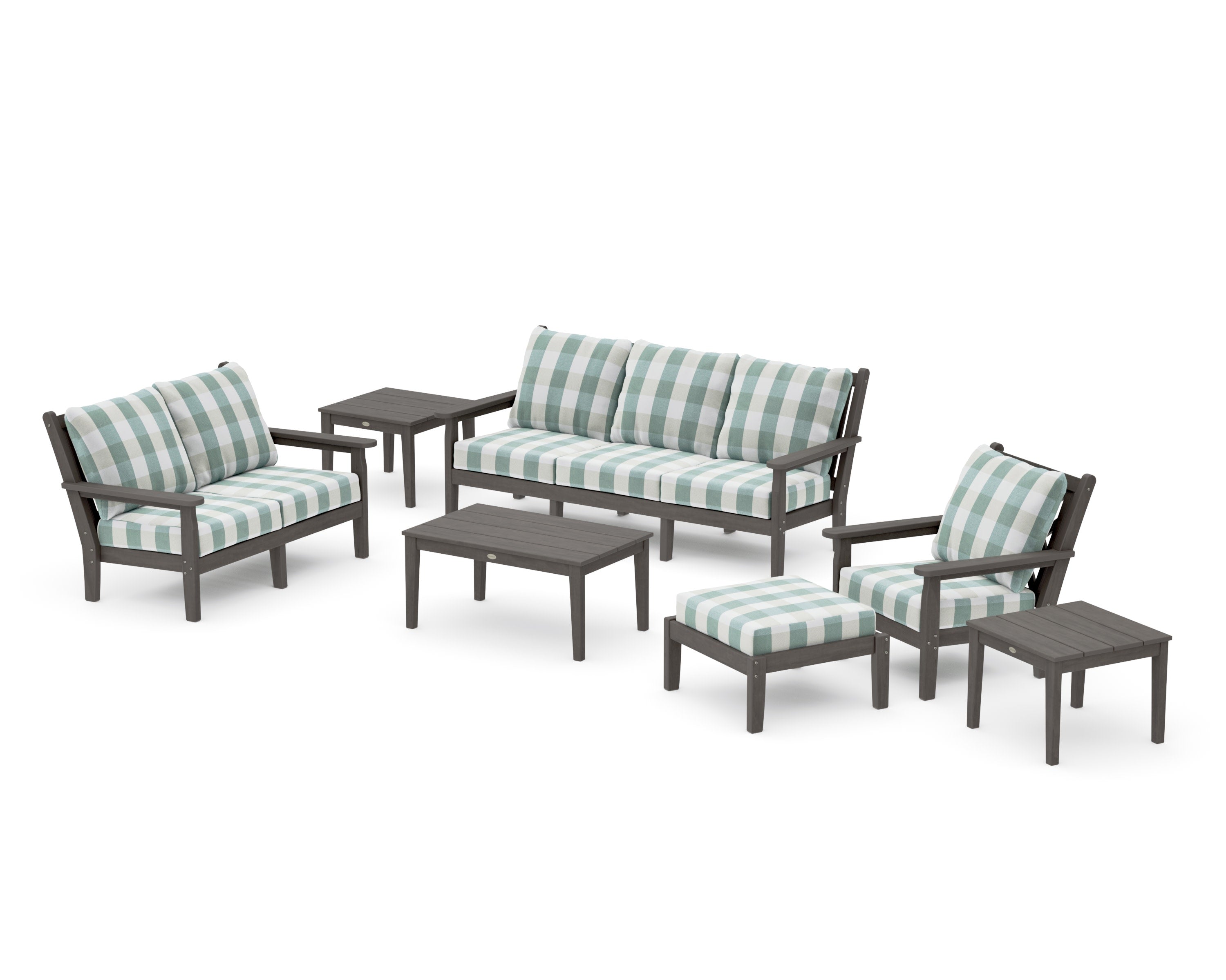 Chippendale 7-Piece Deep Seating Set in Driftwood / Buffalo Plaid Glacier Spa