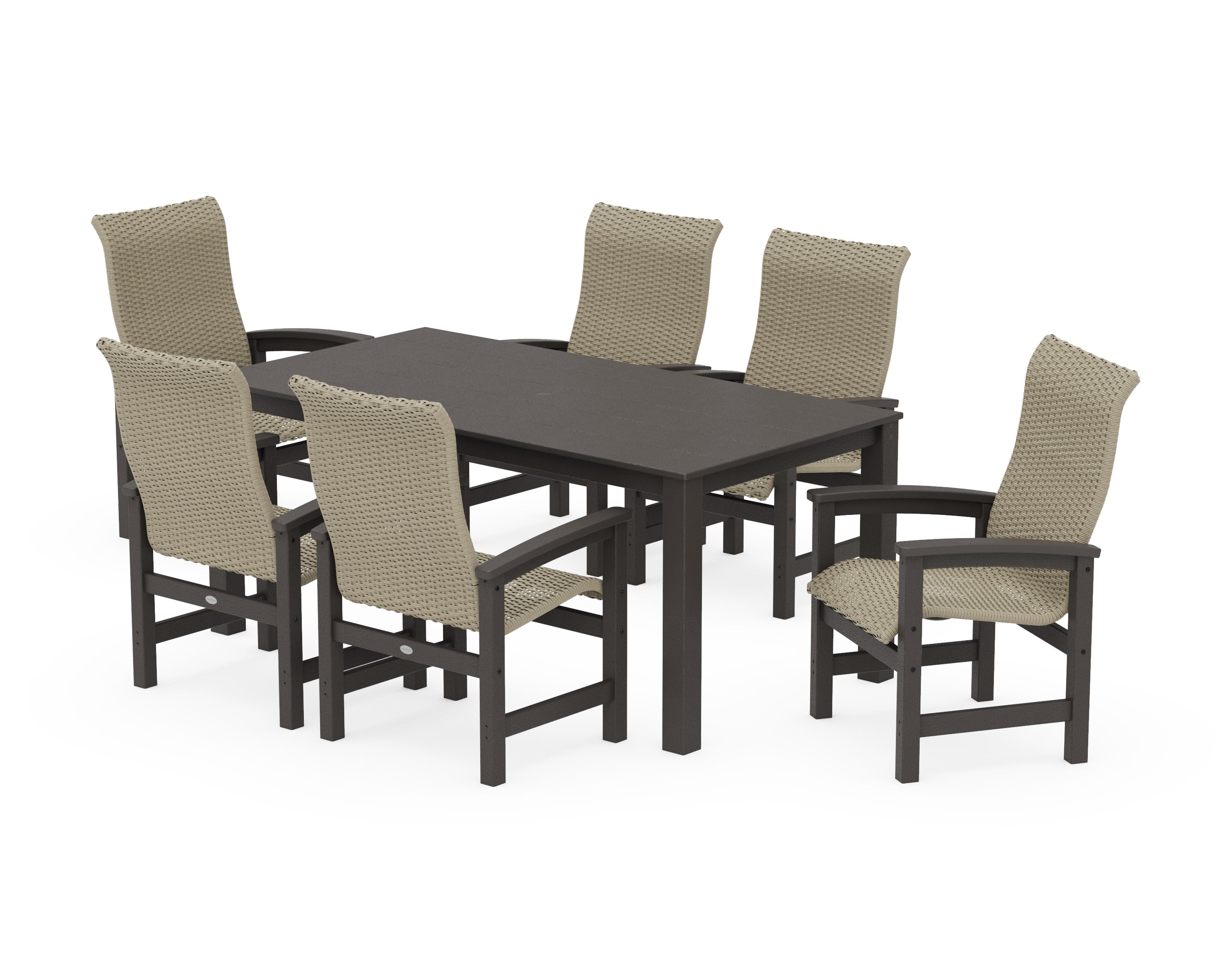 Coastal Woven High-Back Arm Chair 7-Piece Parsons Dining Set in Vintage Coffee / Dune Grass