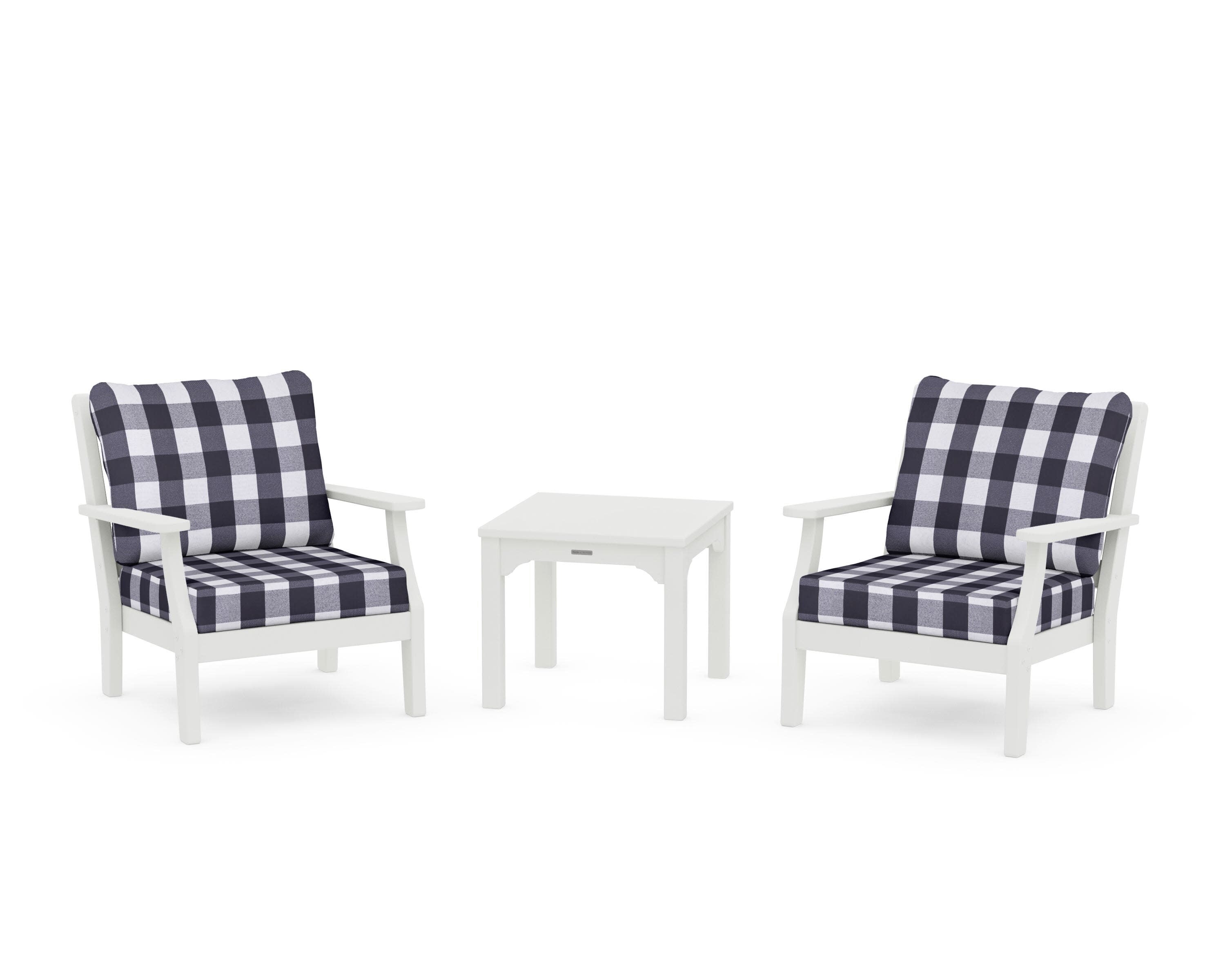 Chinoiserie 3-Piece Deep Seating Set in Vintage White / Buffalo Plaid Navy