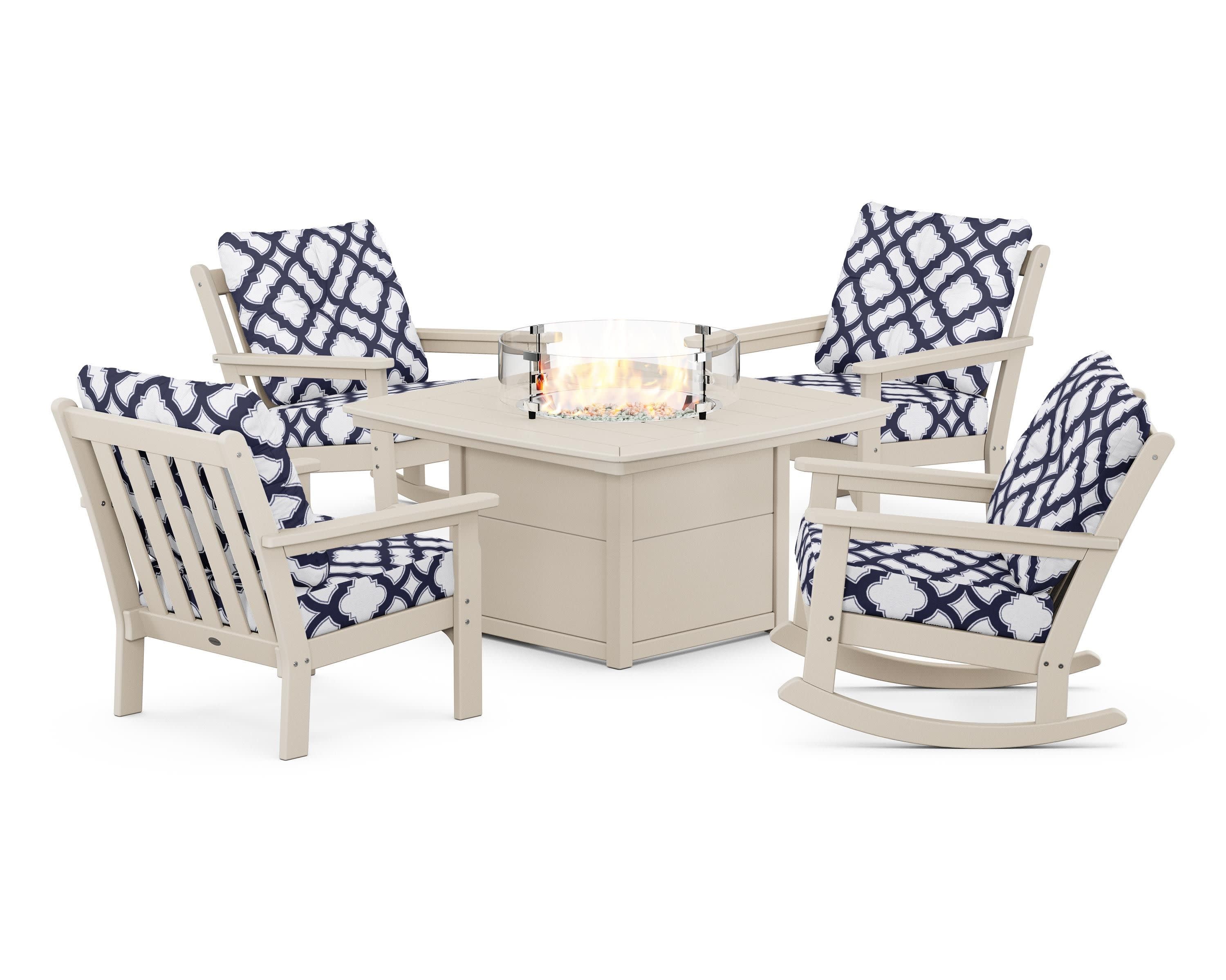 Vineyard 5-Piece Deep Seating Rocking Chair Conversation Set with Fire Pit Table in Sand / Trellis Navy