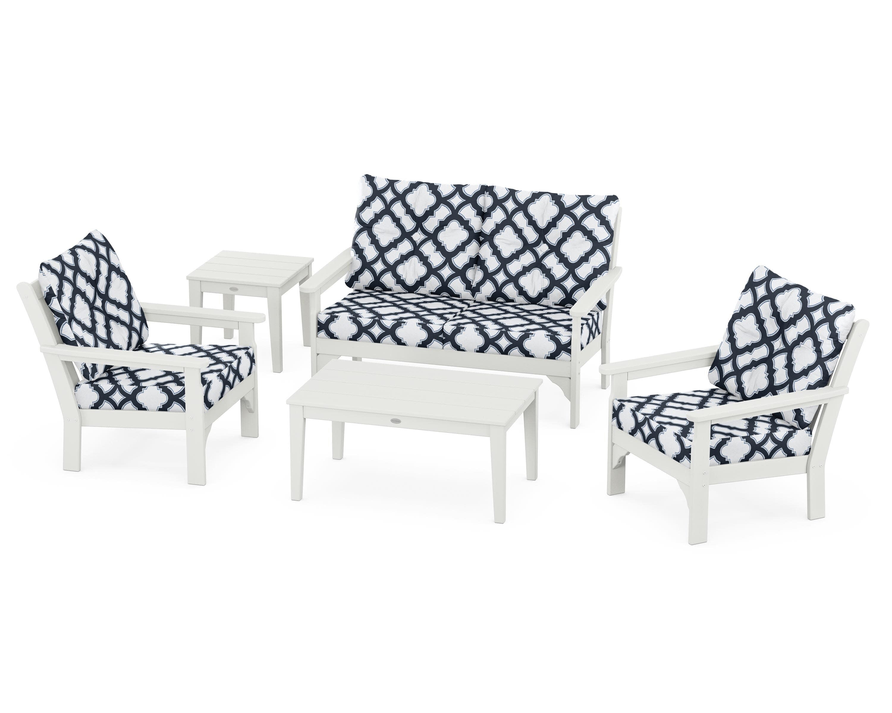 Vineyard 5-Piece Deep Seating Set in Vintage White / Trellis Marine Indigo