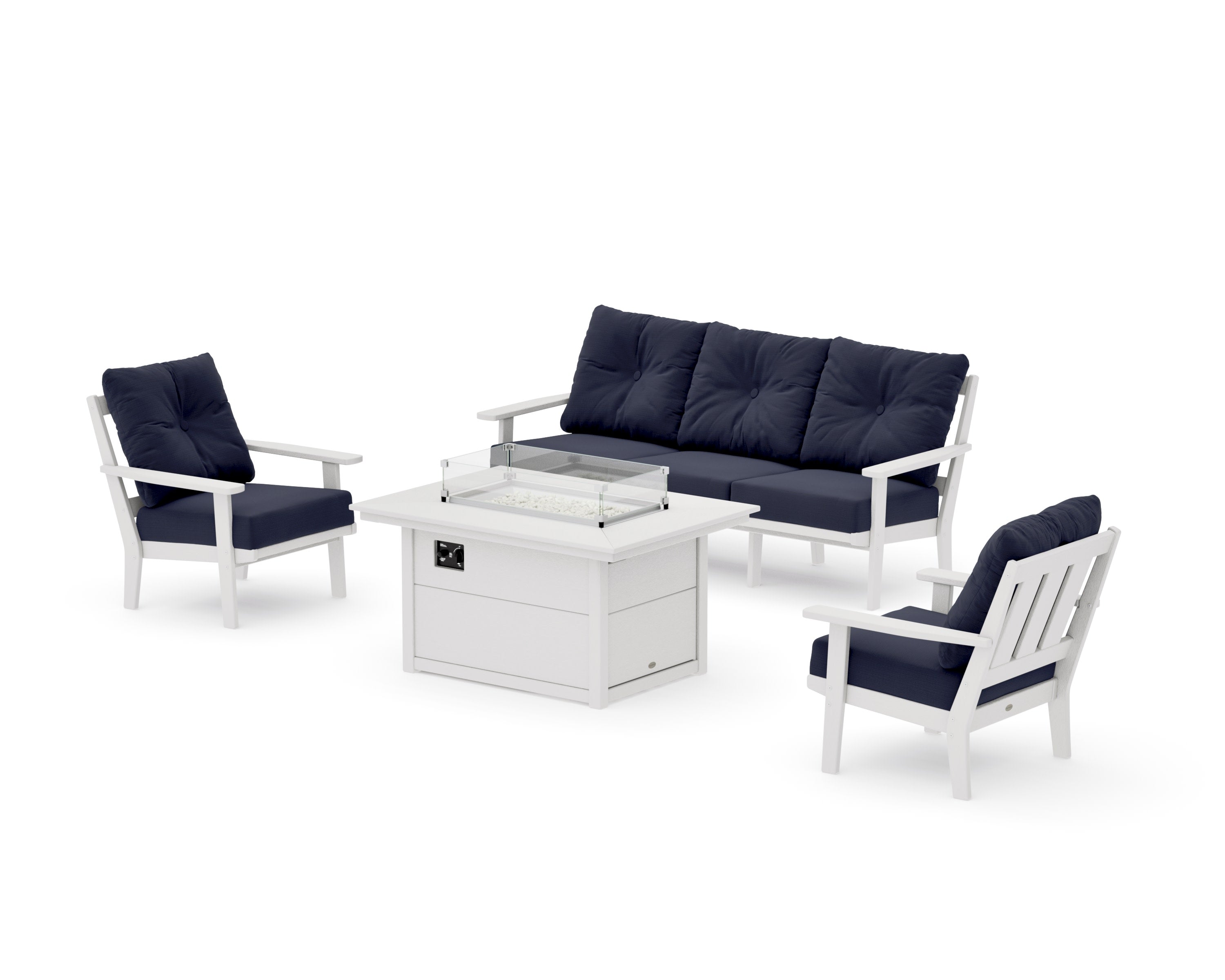 Oxford Deep Seating Fire Pit Table Set in Vintage White / Navy Linen
