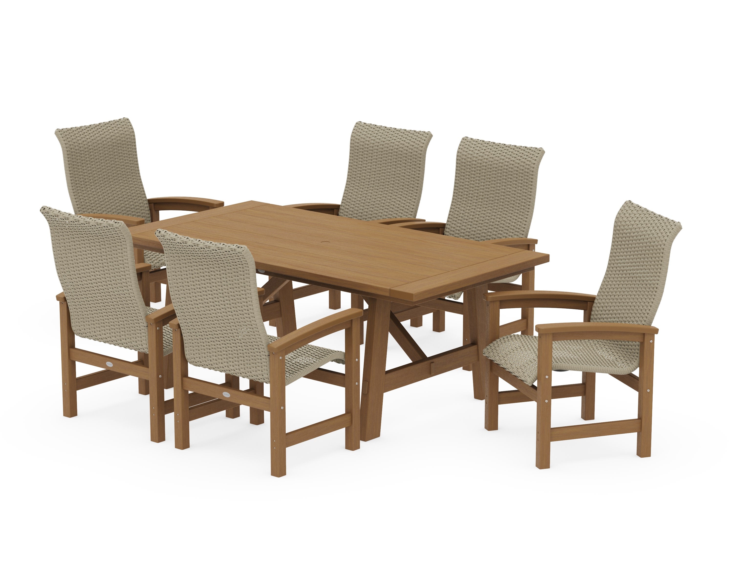 Coastal Woven High-Back Arm Chair 7-Piece Rustic Farmhouse Dining Set in Natural / Dune Grass