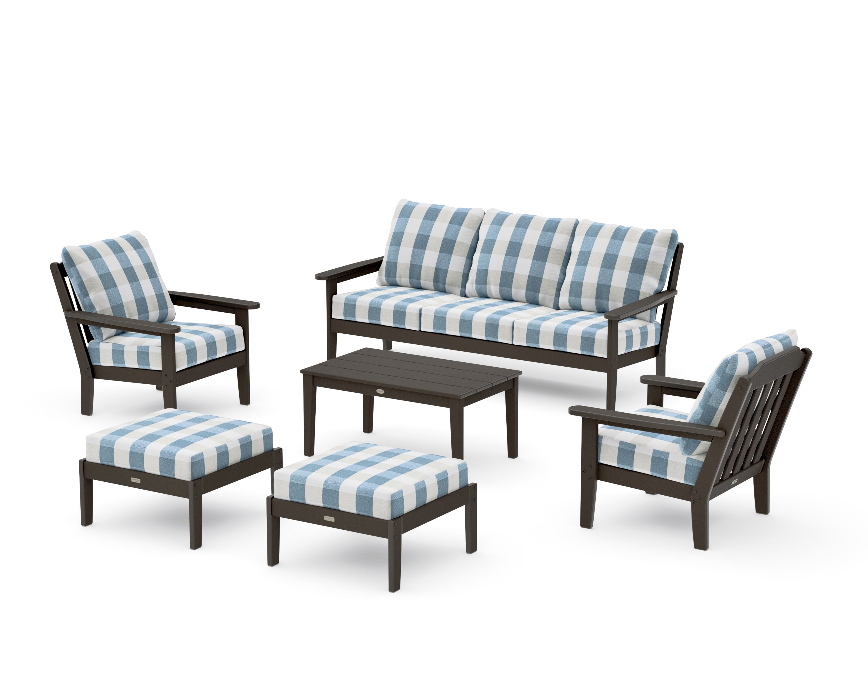 Cottage 6-Piece Lounge Sofa Set in Vintage Coffee / Buffalo Plaid Sky Blue