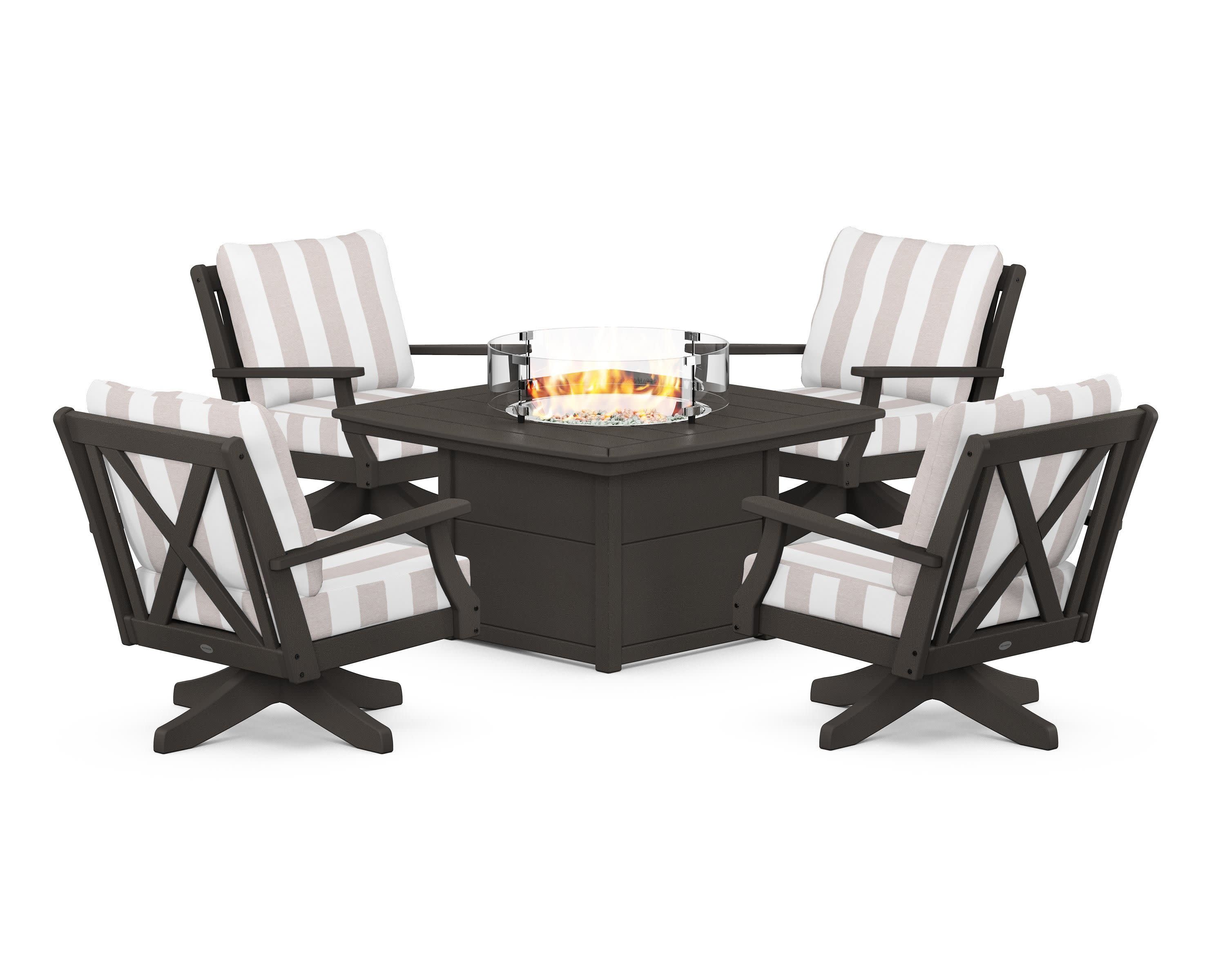 Braxton 5-Piece Deep Seating Swivel Conversation Set with Fire Pit Table in Vintage Coffee / Cabana Stripe Dune Burlap