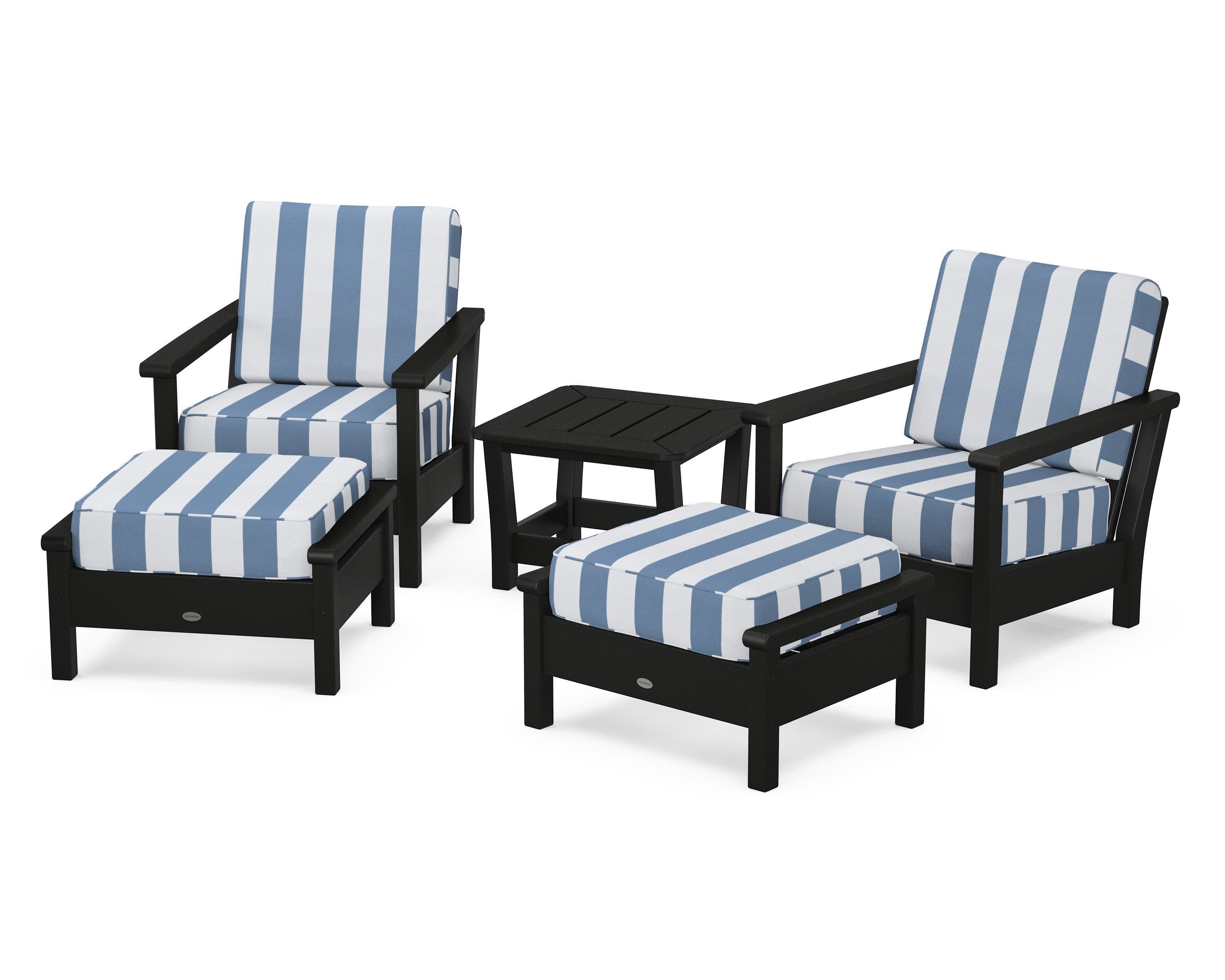Harbour 5-Piece Deep Seating Chair Set in Black / Cabana Stripe Sky Blue