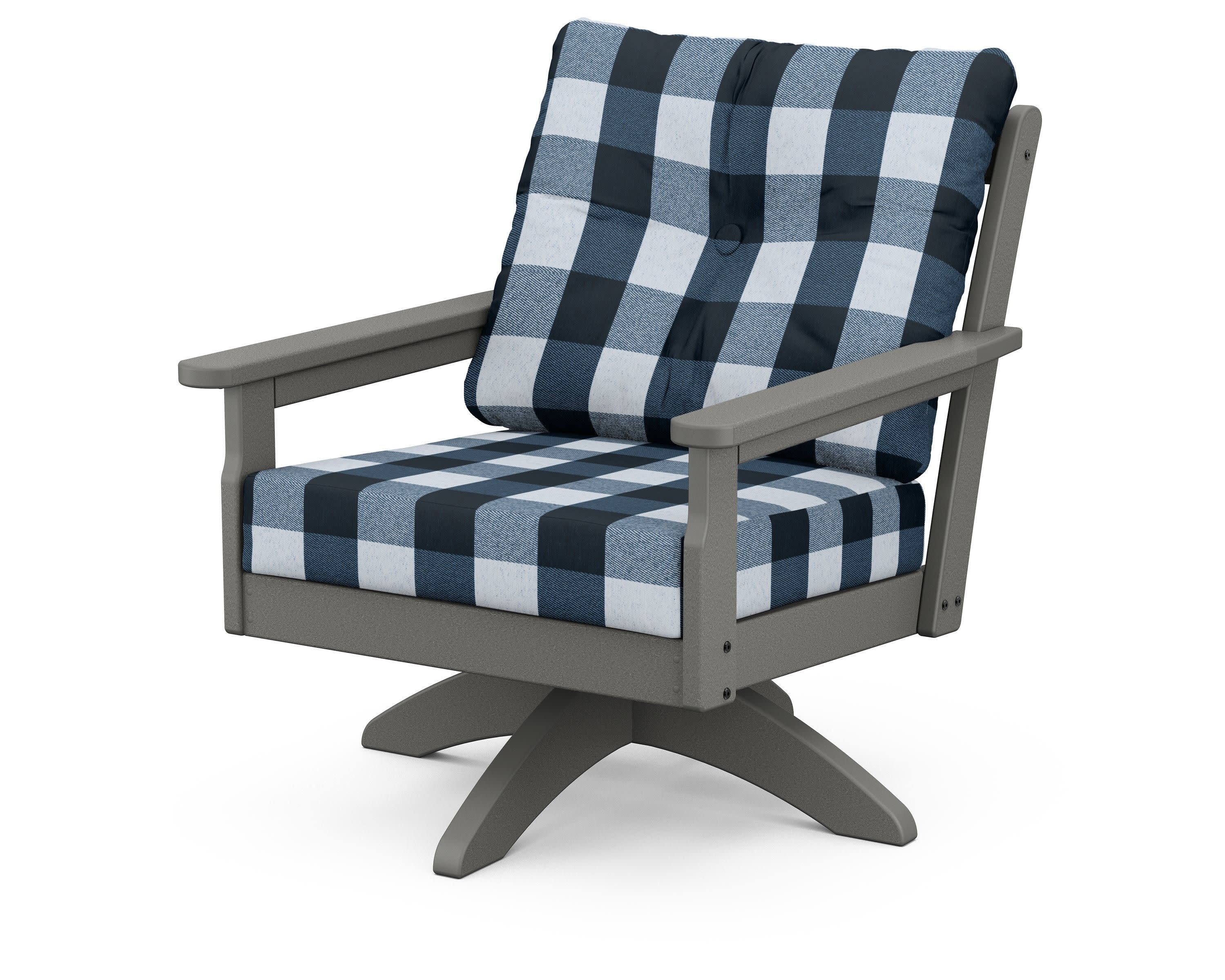 Vineyard Deep Seating Swivel Chair in Slate Grey / Buffalo Plaid Marine Indigo