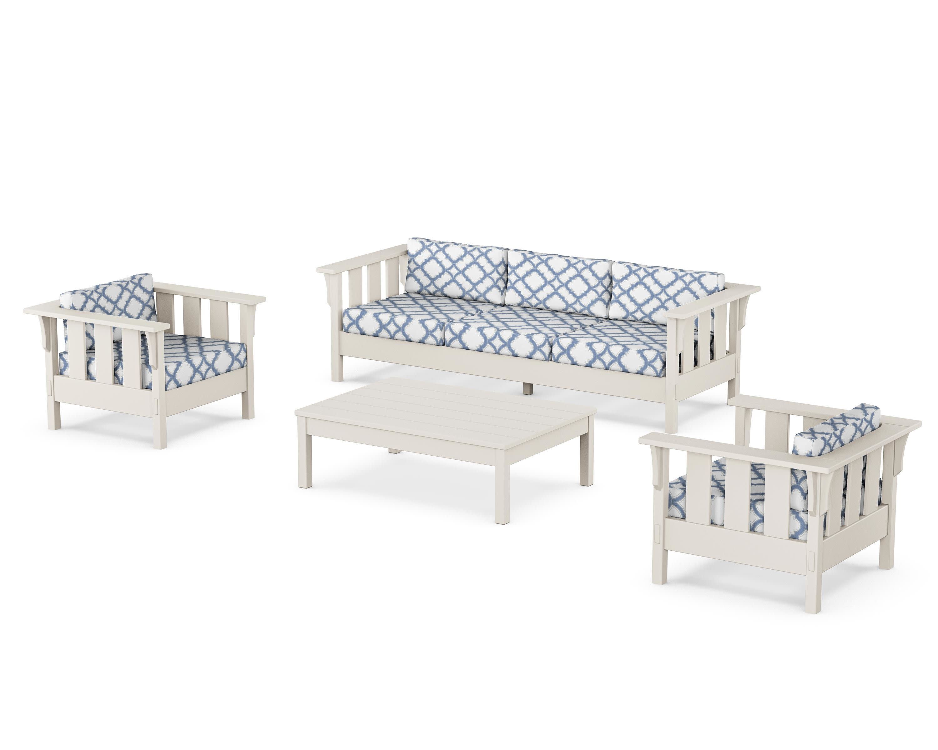 Acadia 4-Piece Deep Seating Set with Sofa in Sand / Trellis Sky Blue