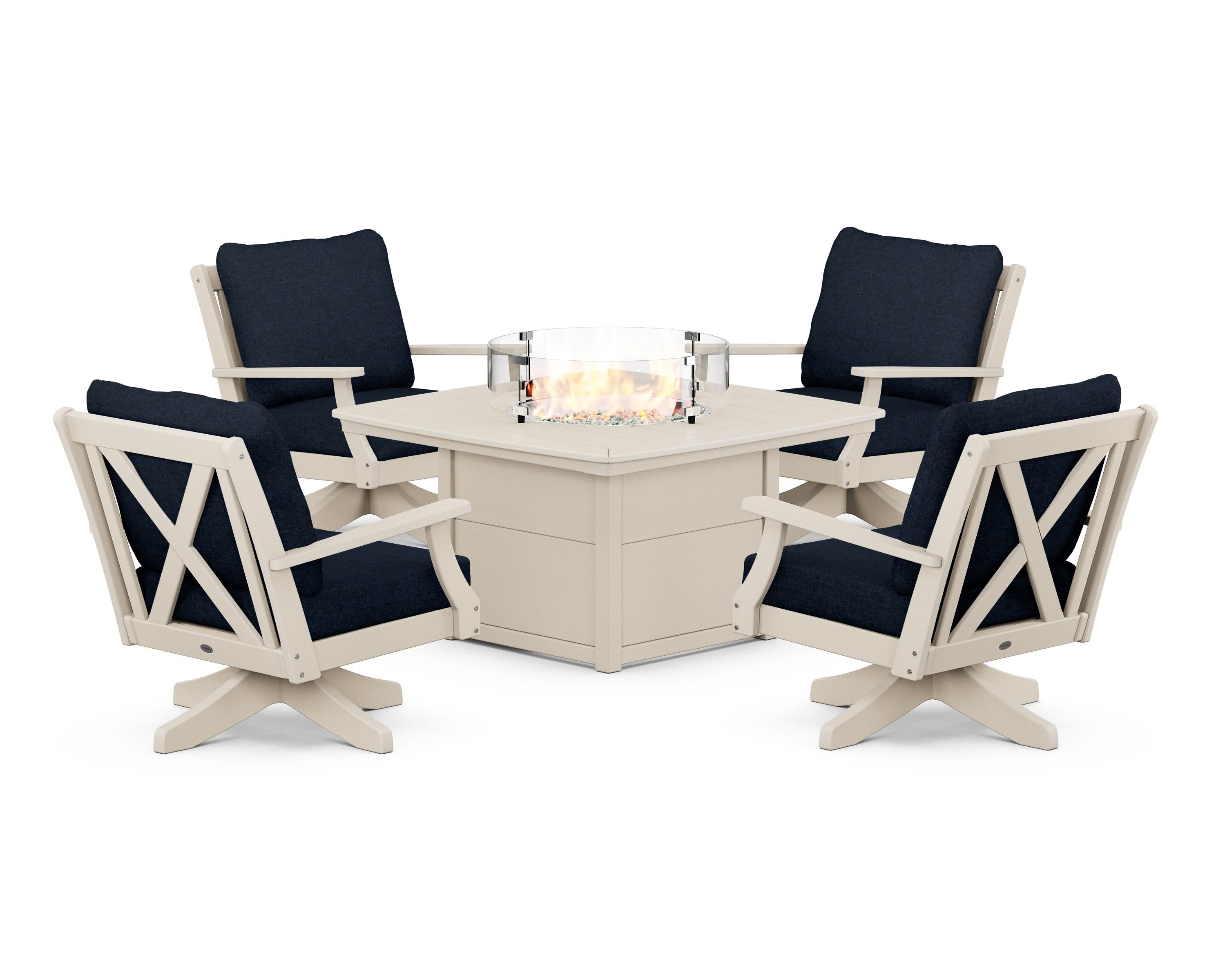 Braxton 5-Piece Deep Seating Swivel Conversation Set with Fire Pit Table in Sand / Marine Indigo