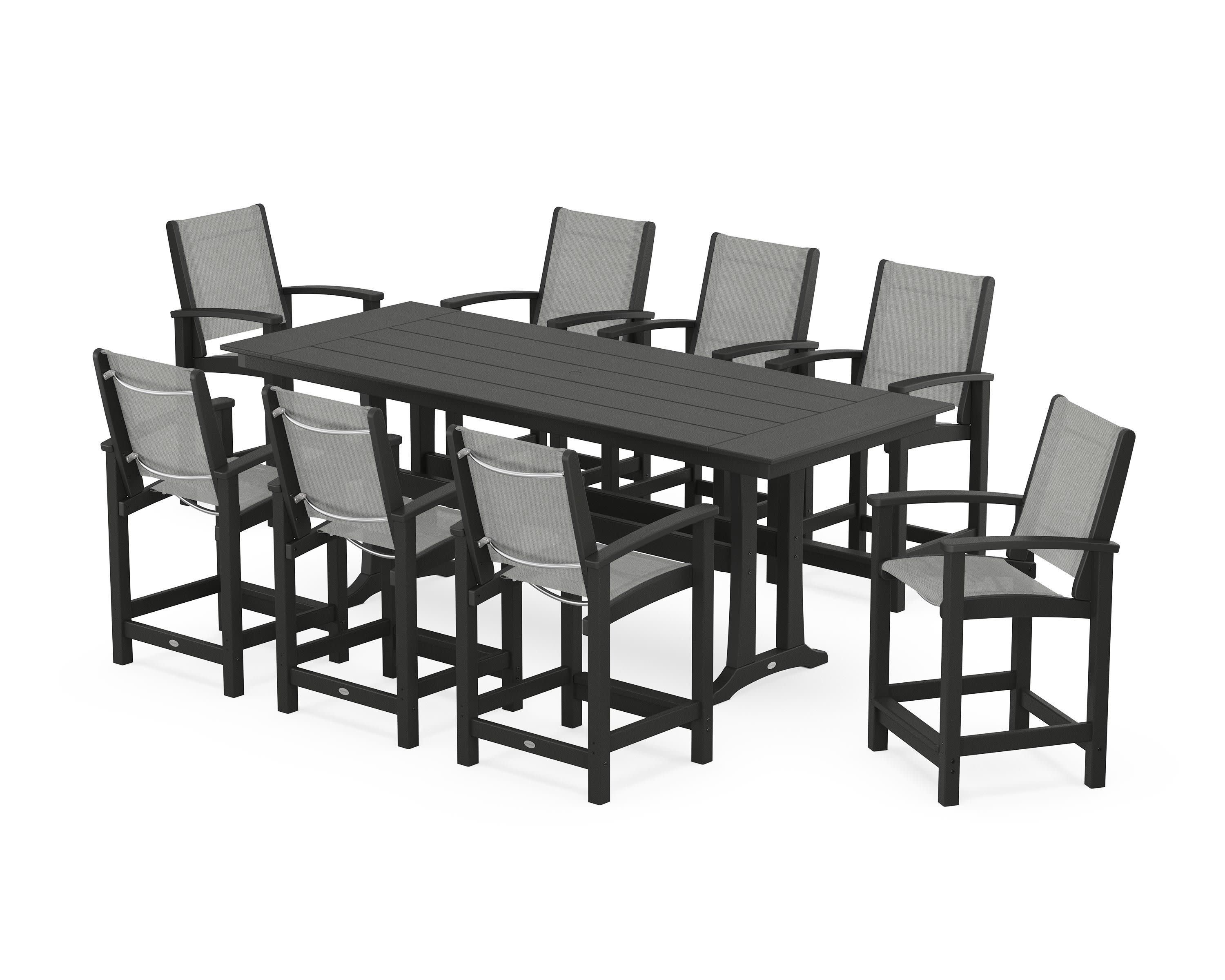 Coastal 9-Piece Farmhouse Counter Set with Trestle Legs in Black / Metallic Sling