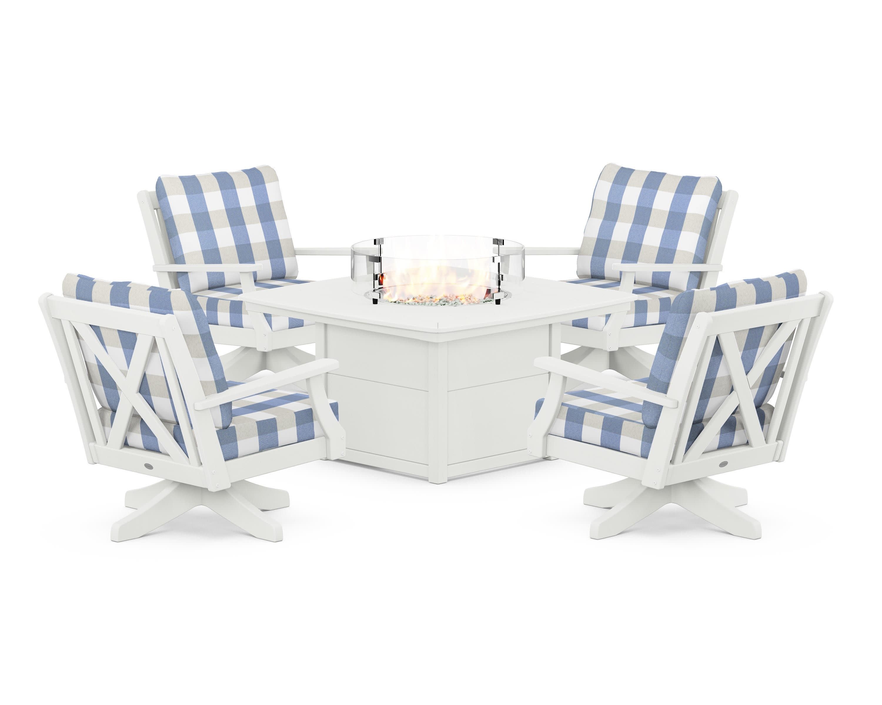 Braxton 5-Piece Deep Seating Swivel Conversation Set with Fire Pit Table in Vintage White / Buffalo Plaid Sky Blue