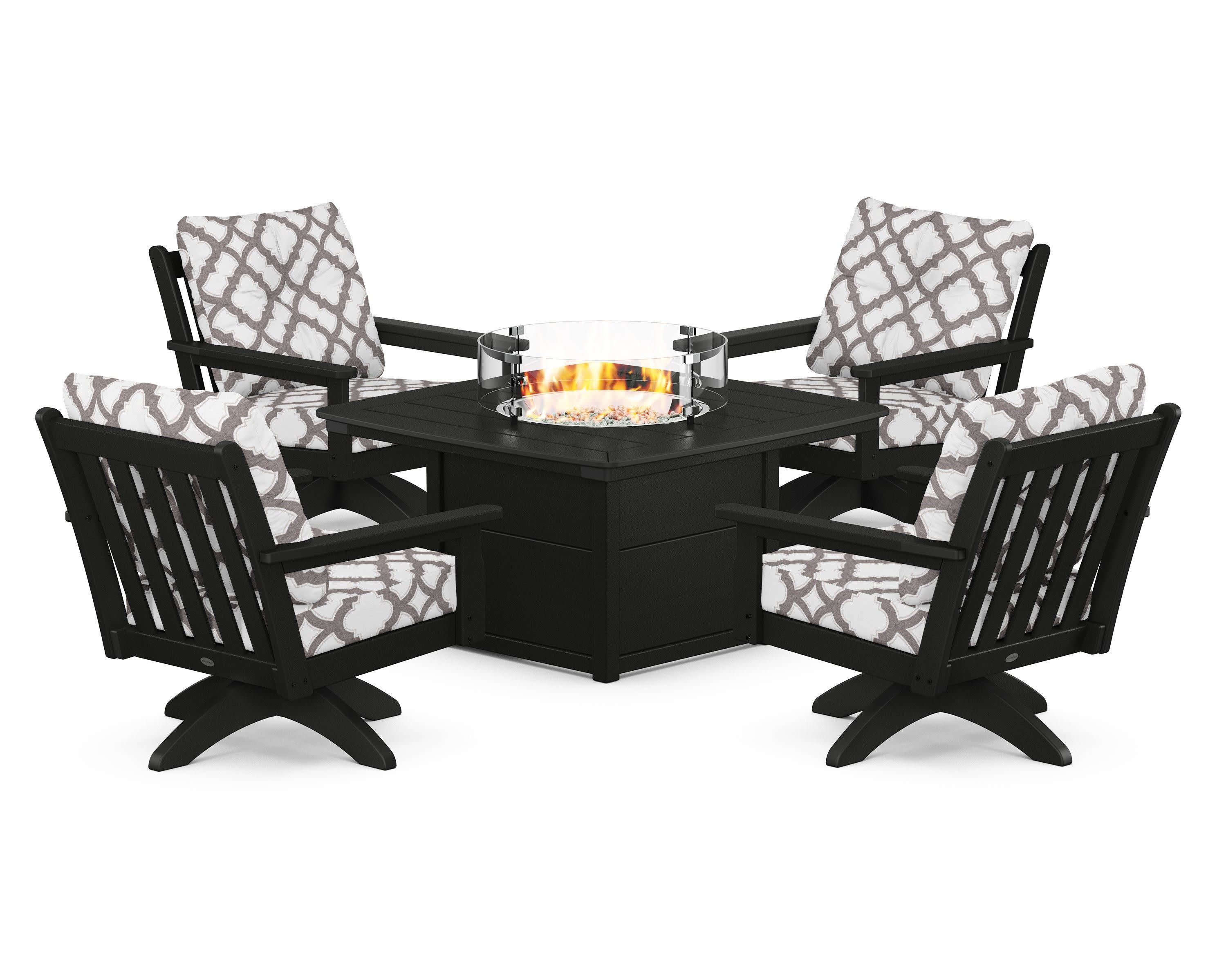 Vineyard 5-Piece Deep Seating Swivel Conversation Set with Fire Pit Table in Black / Trellis Grey Mist