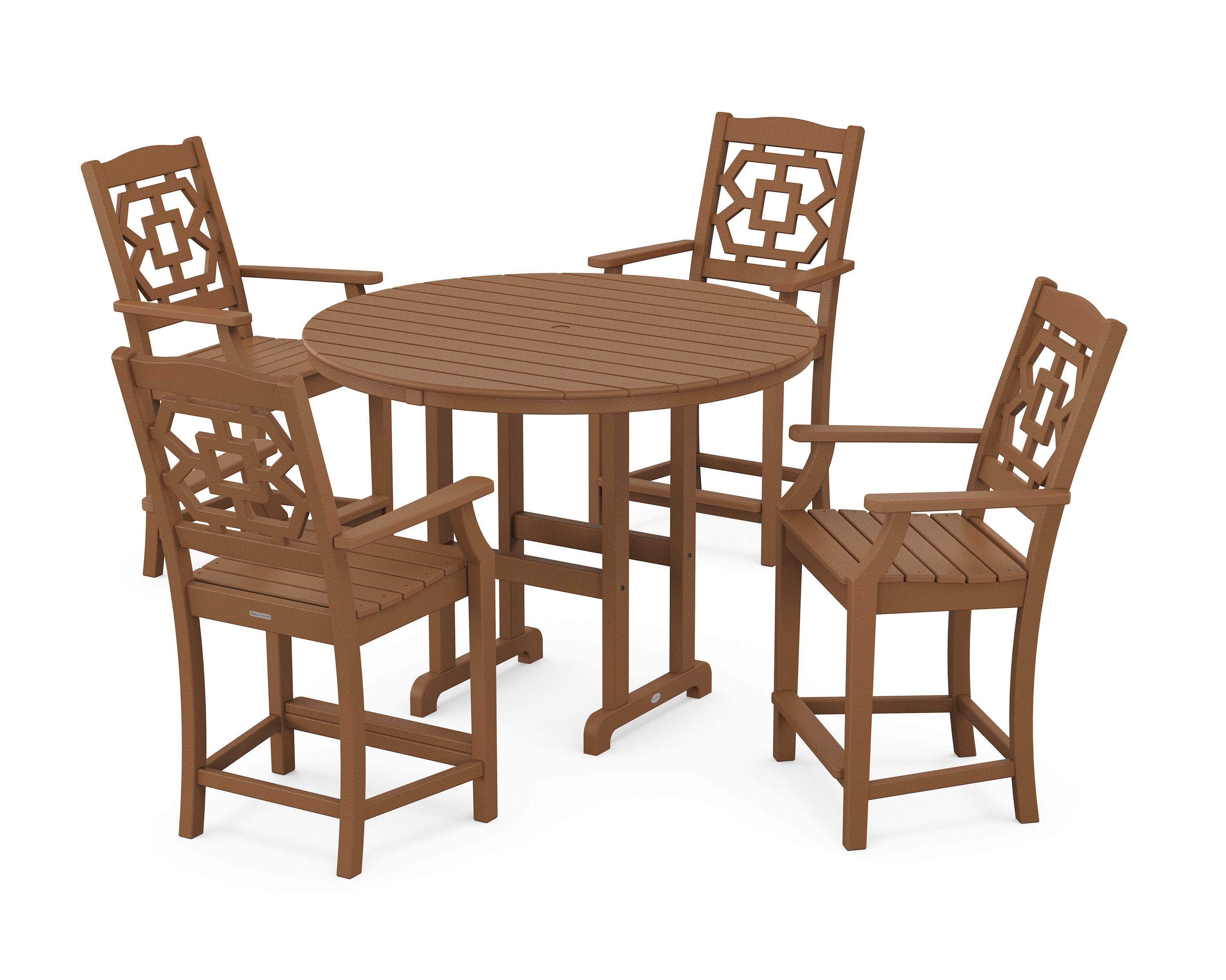 Chinoiserie 5-Piece Round Farmhouse Counter Set in Teak