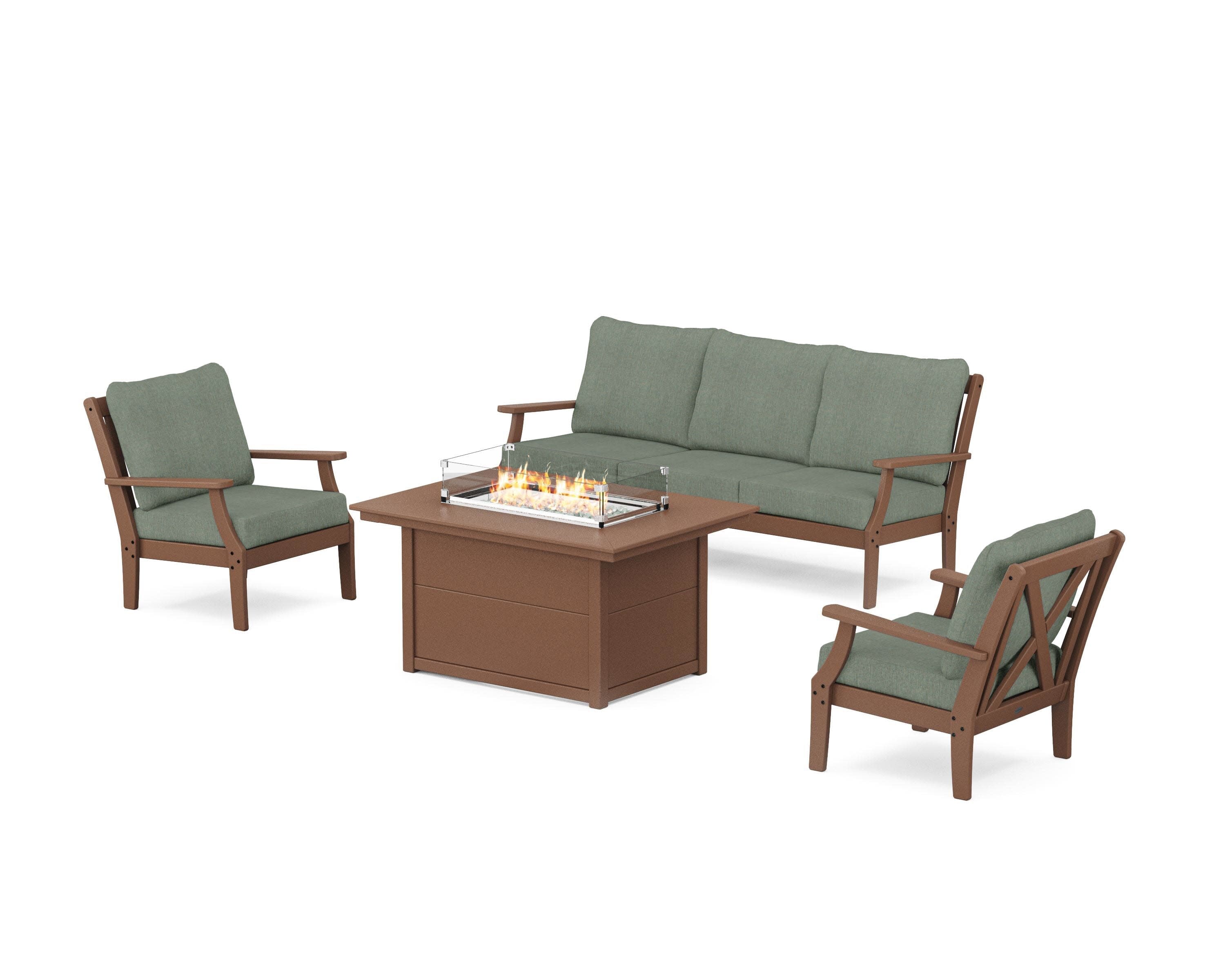 Braxton Deep Seating Fire Pit Table Set in Teak / Cast Sage
