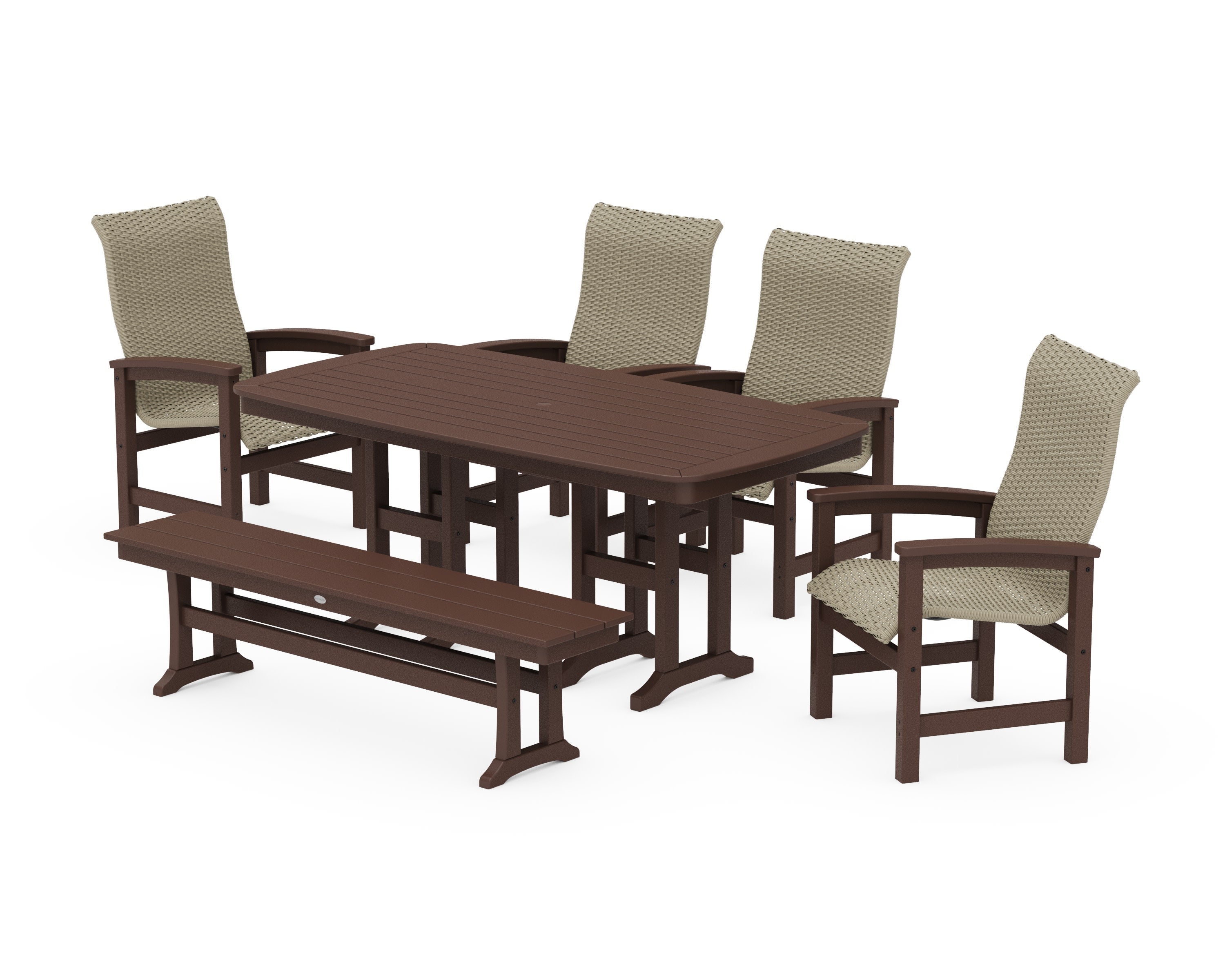 Coastal Woven High-Back 6-Piece Farmhouse Dining Set with Bench in Mahogany / Dune Grass