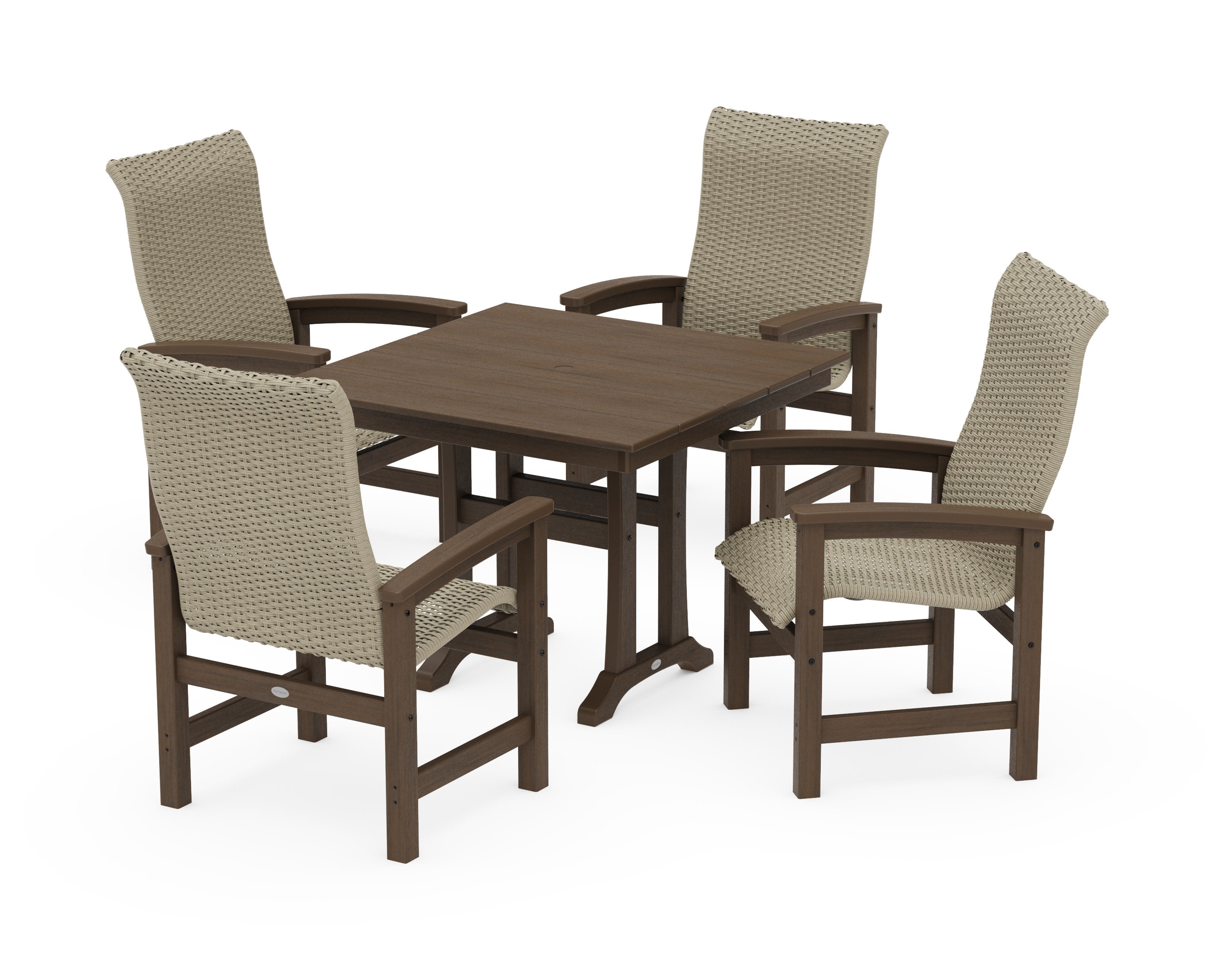 Coastal Woven High-Back 5-Piece Farmhouse Dining Set with Trestle Legs in Kona / Dune Grass