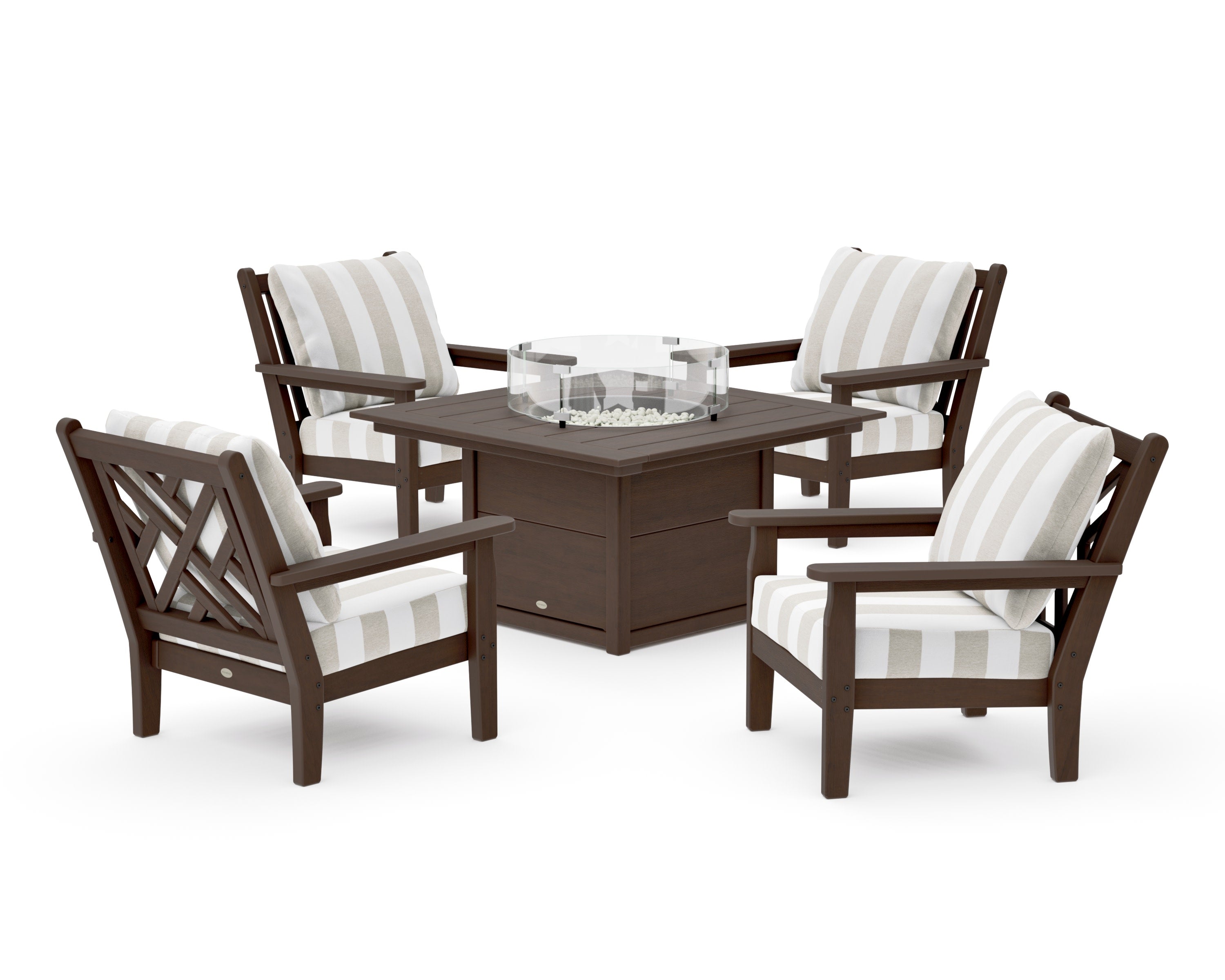 Chippendale 5-Piece Deep Seating Set with Fire Pit Table in Kona / Cabana Stripe Dune Burlap
