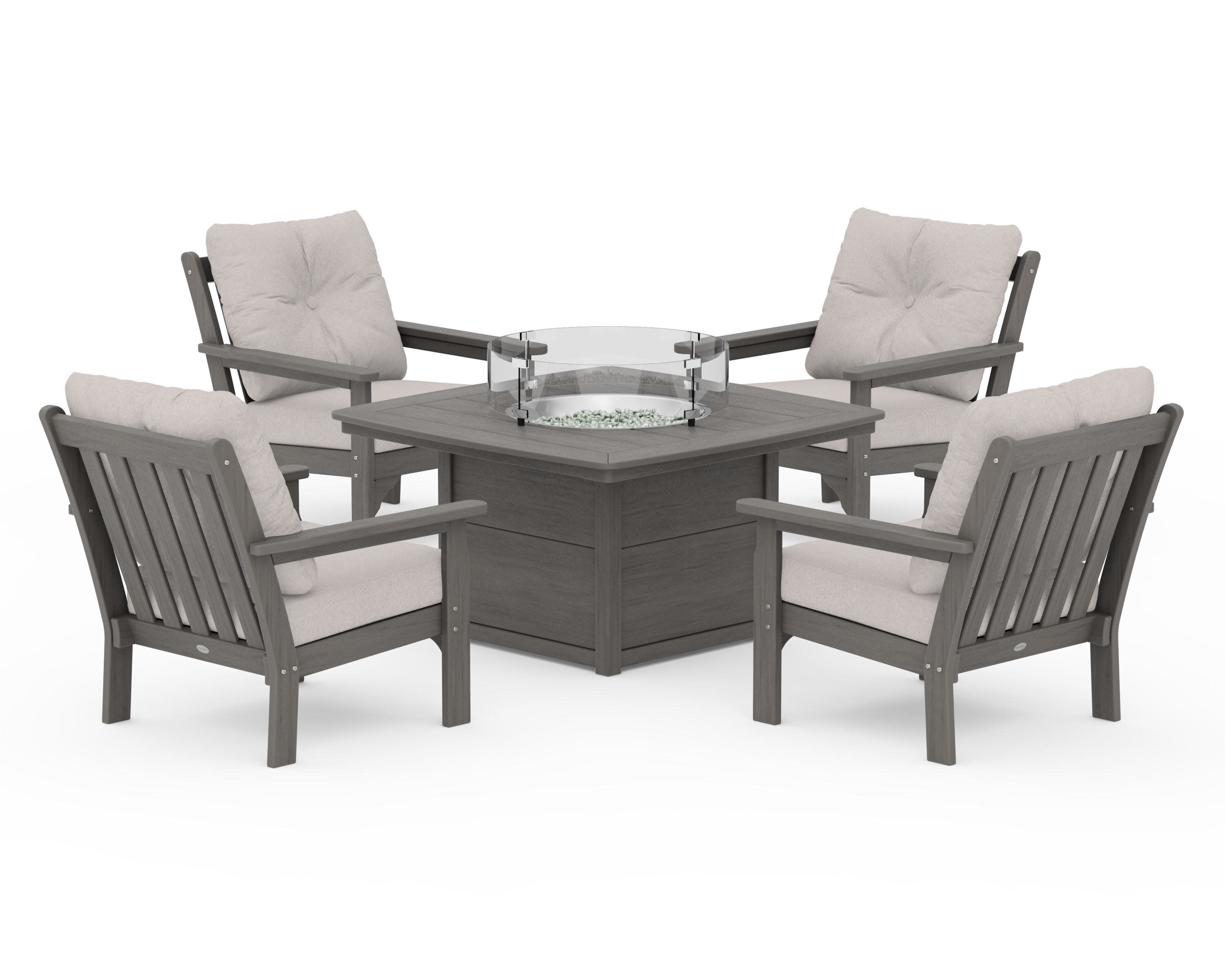 Vineyard 5-Piece Conversation Set with Fire Pit Table in Driftwood / Dune Burlap