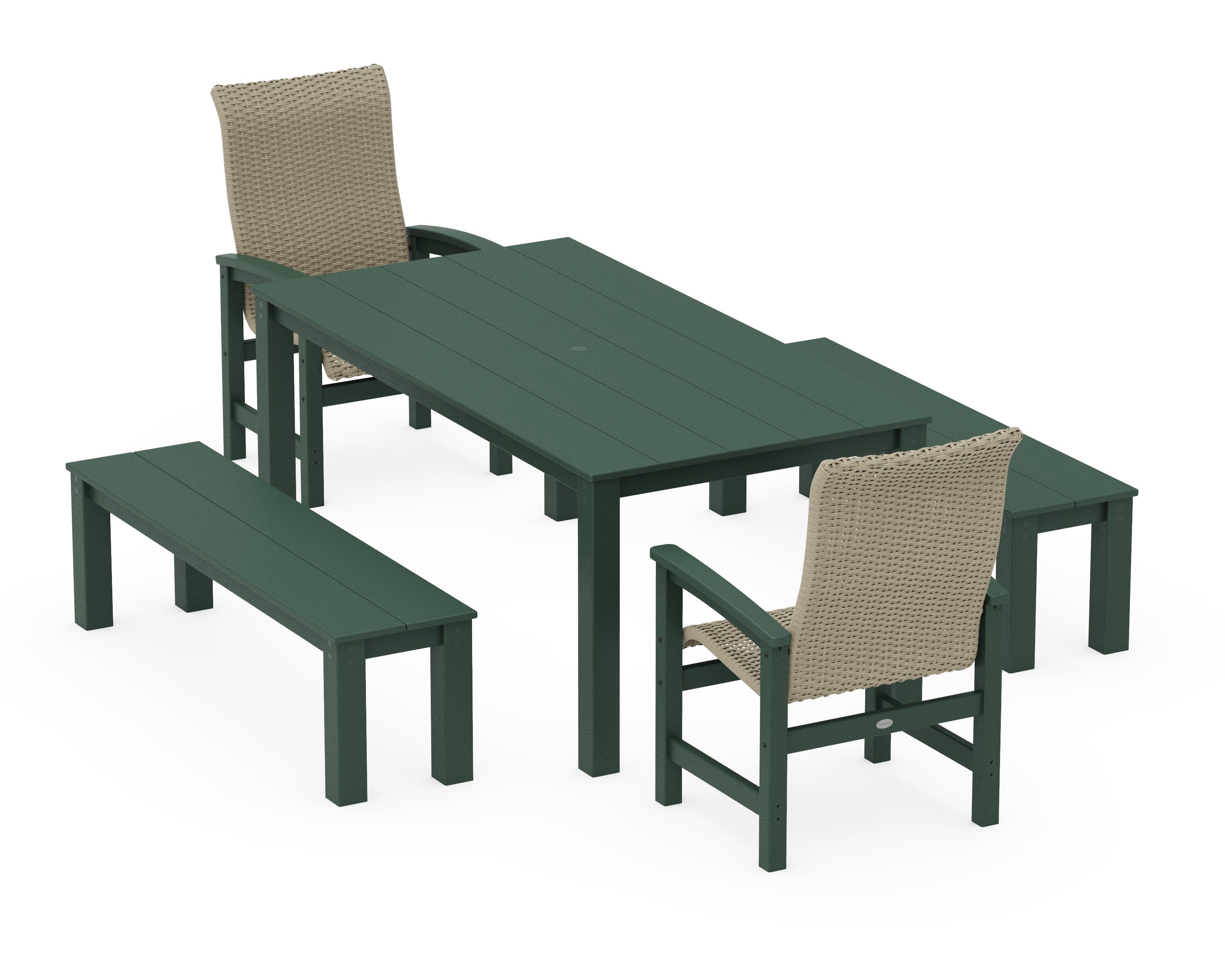 Coastal Woven High-Back 5-Piece Parsons Dining Set with Benches in Green / Dune Grass