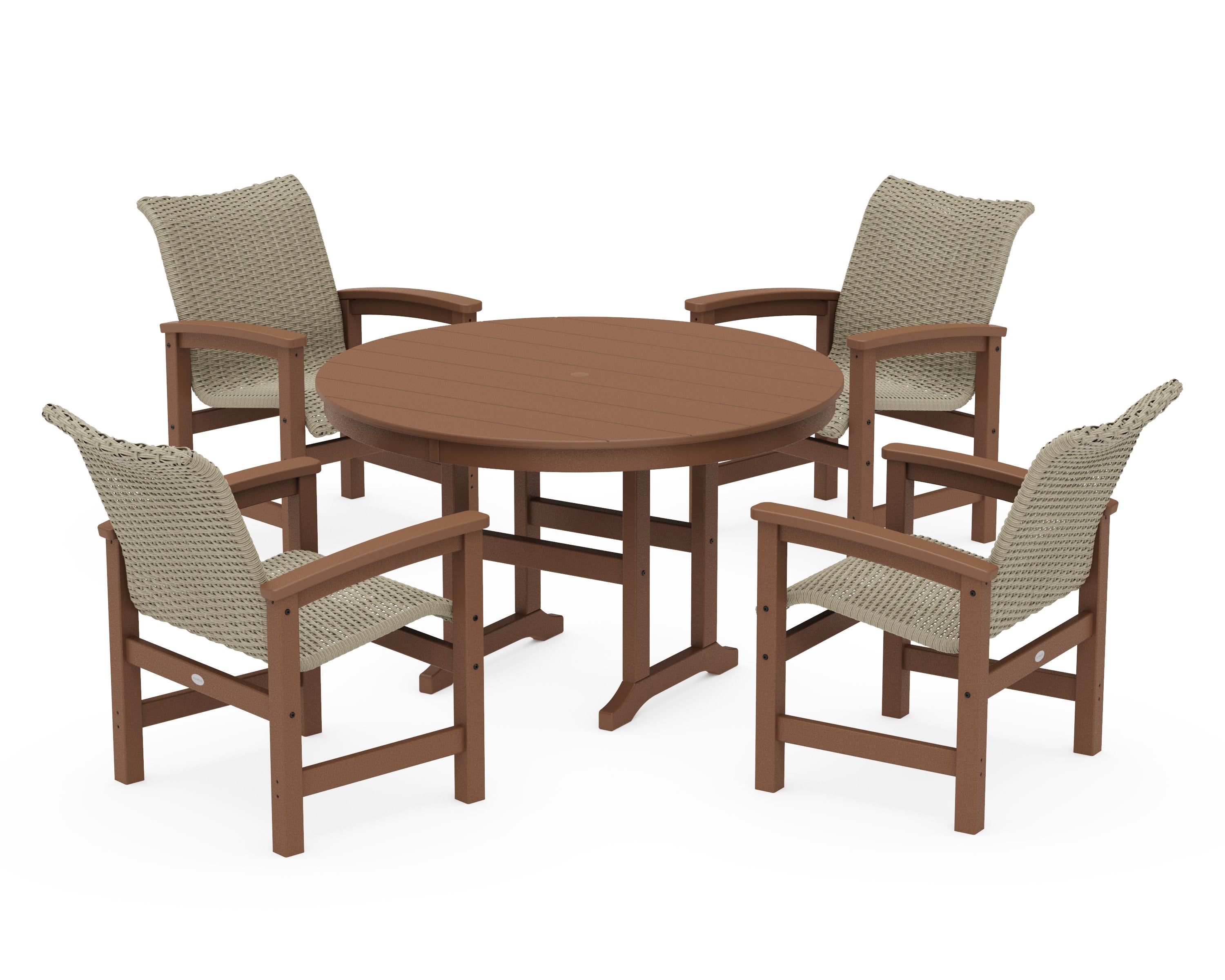 Coastal Woven 5-Piece Round Farmhouse Dining Set in Teak / Dune Grass