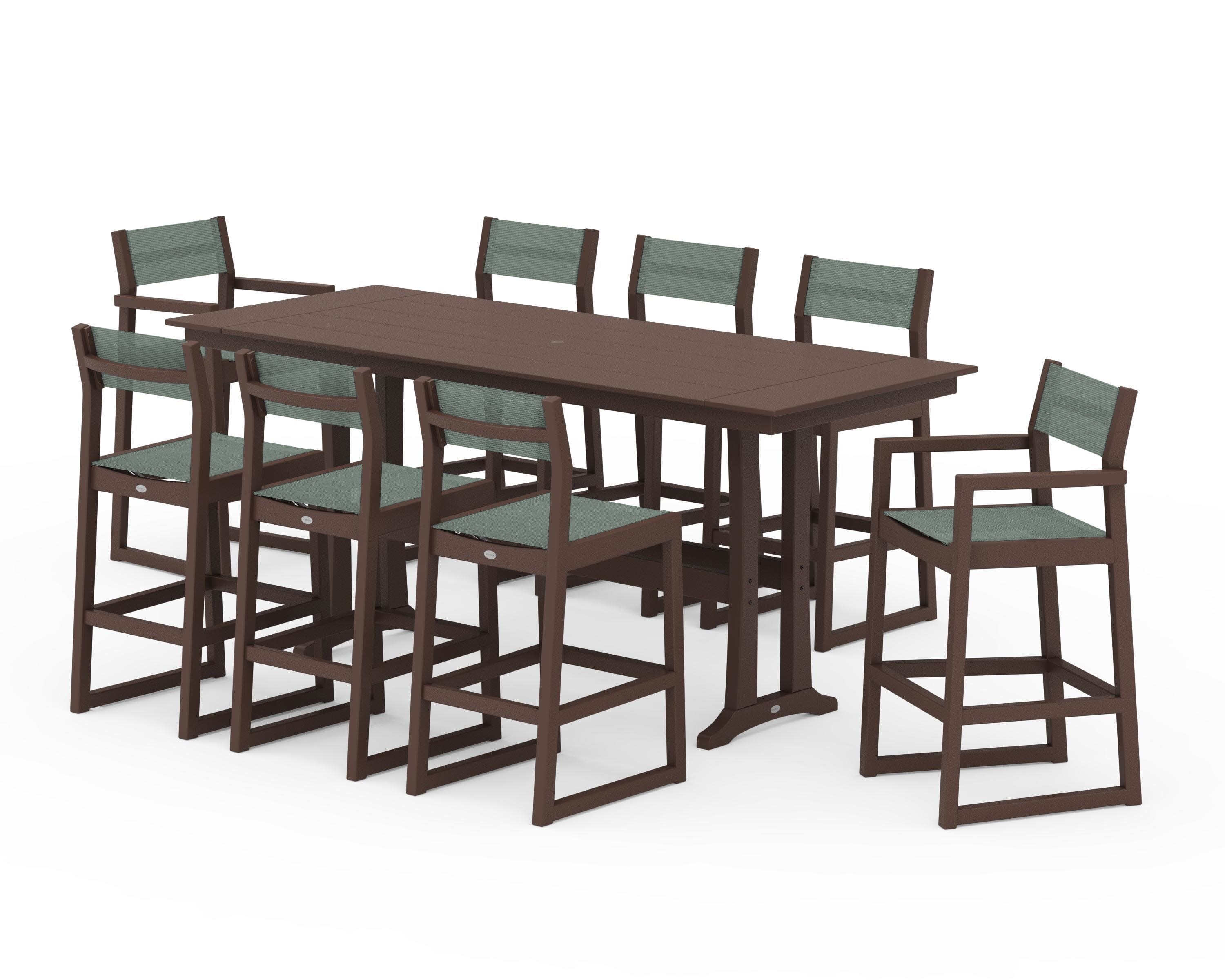 EDGE Sling 9-Piece Farmhouse Bar Set with Trestle Legs in Mahogany / Dupioni Sea Mist Sling