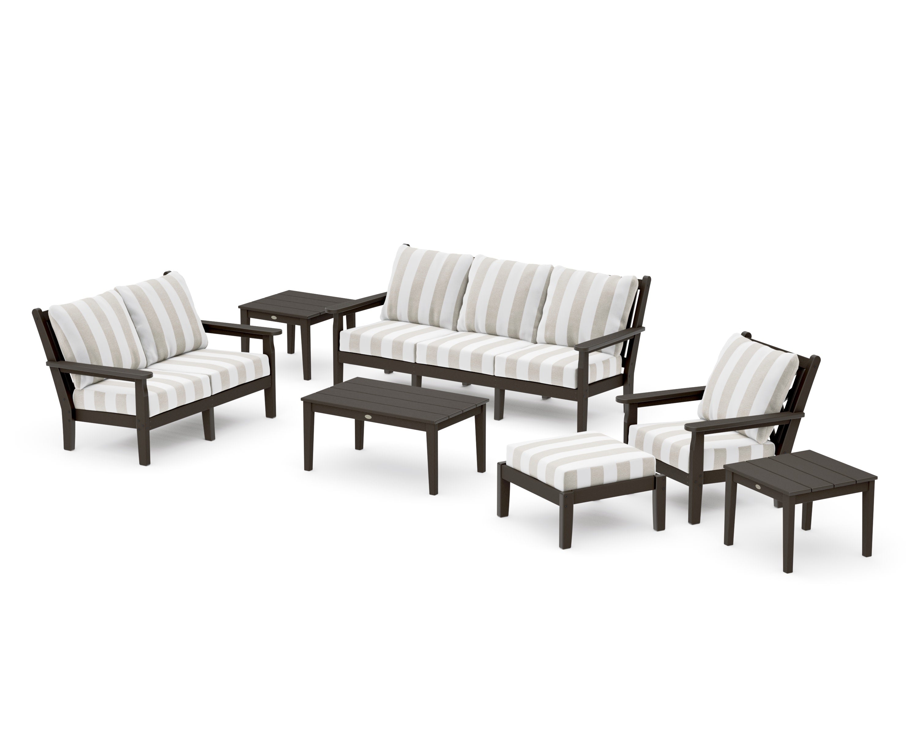Chippendale 7-Piece Deep Seating Set in Vintage Coffee / Cabana Stripe Dune Burlap