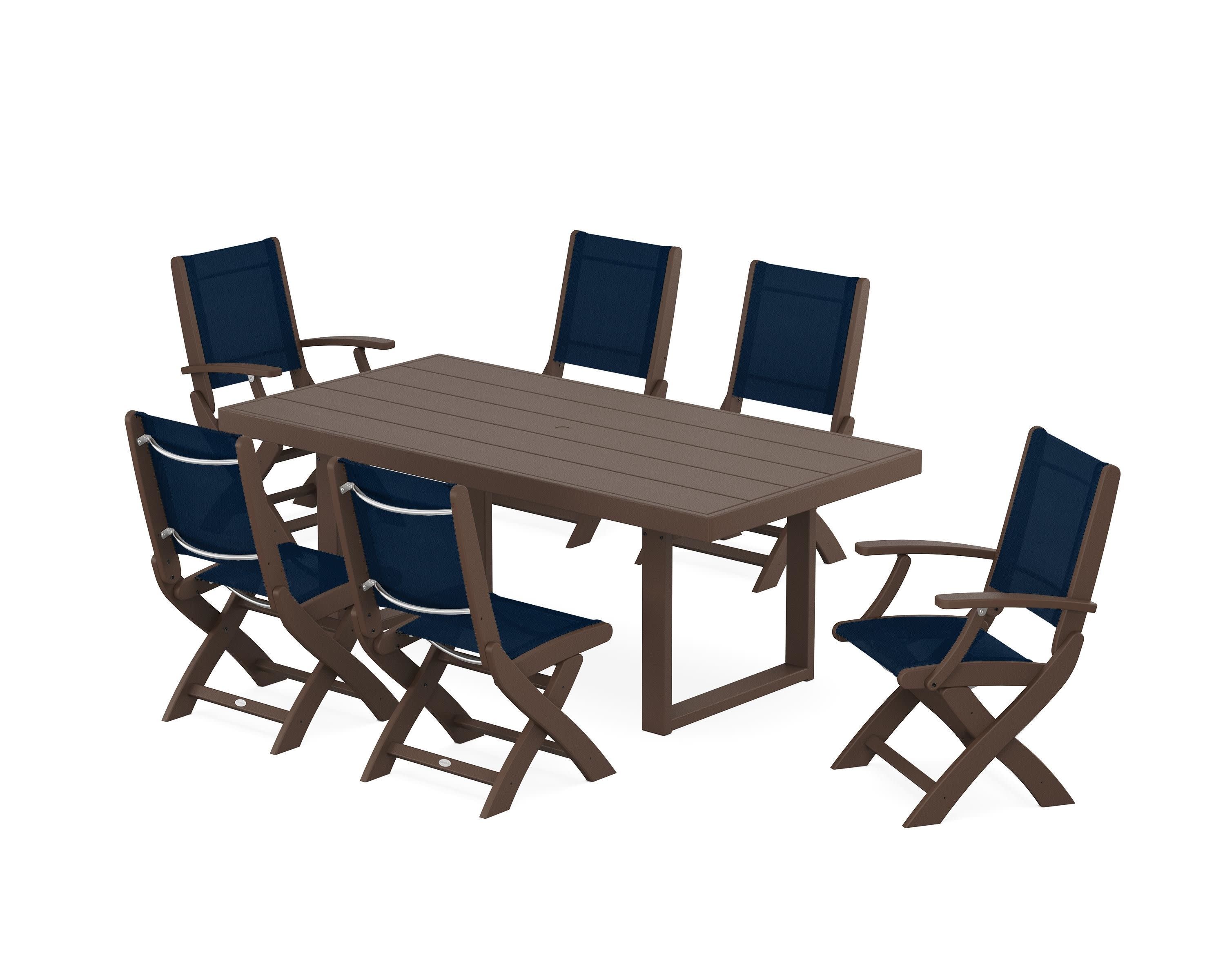 Coastal Folding Chair 7-Piece Dining Set with Trestle Legs in Mahogany / Navy Blue Sling