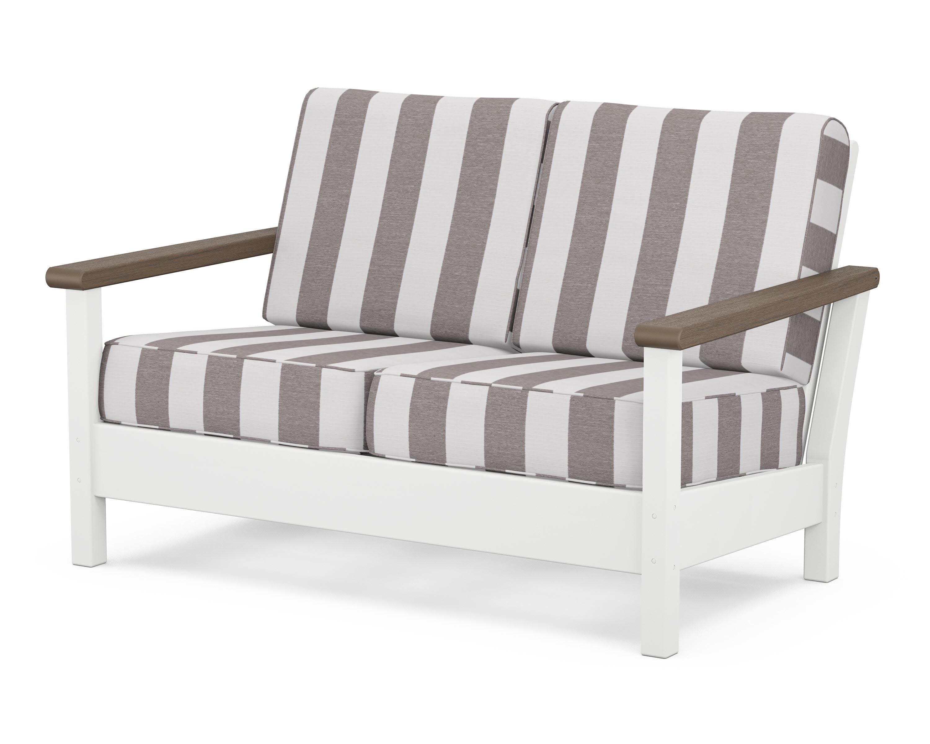 Harbour Deep Seating Loveseat in White / Kona / Cabana Stripe Grey Mist