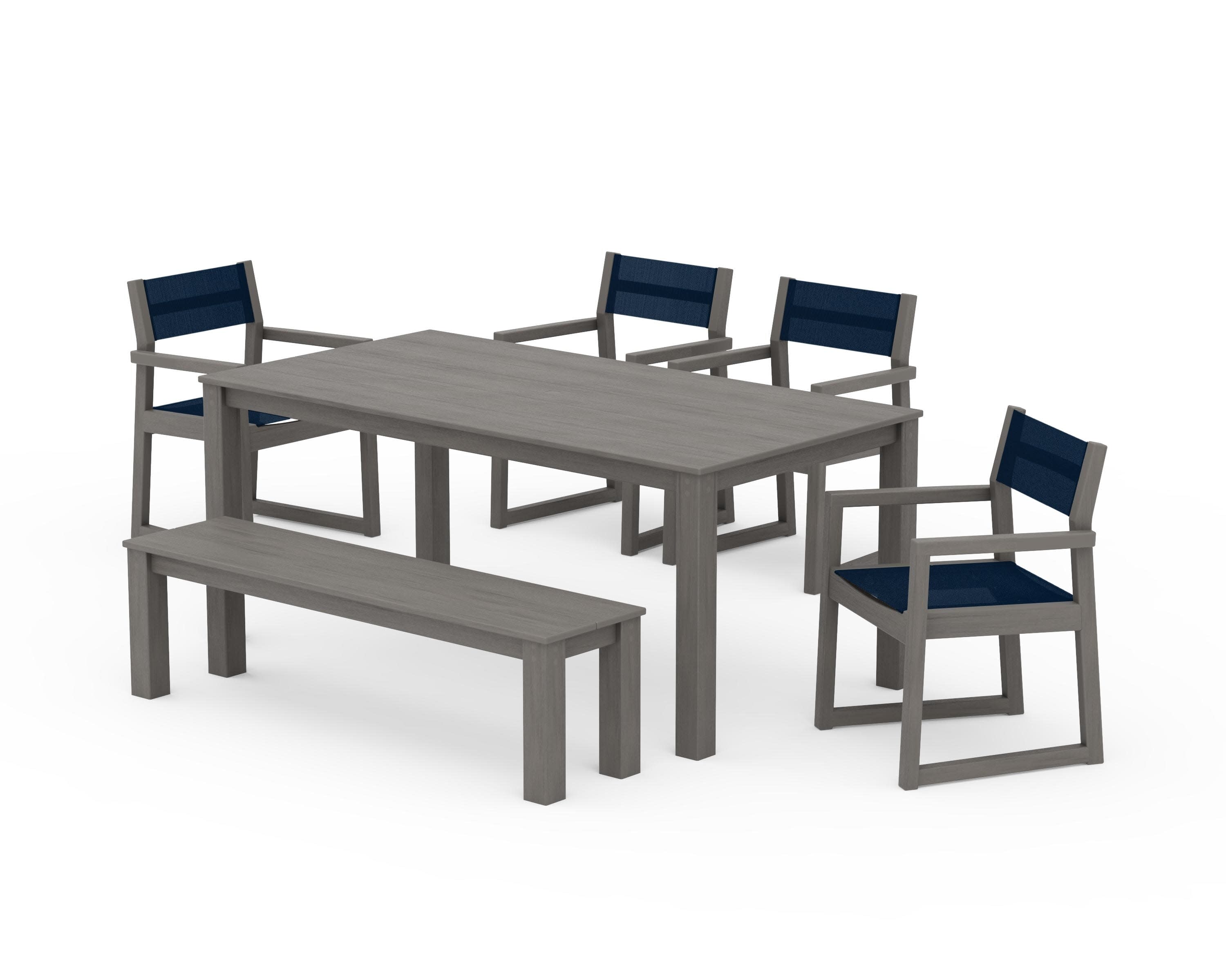 EDGE Sling Arm Chair 6-Piece Parsons Dining Set with Bench in Driftwood / Navy Blue Sling
