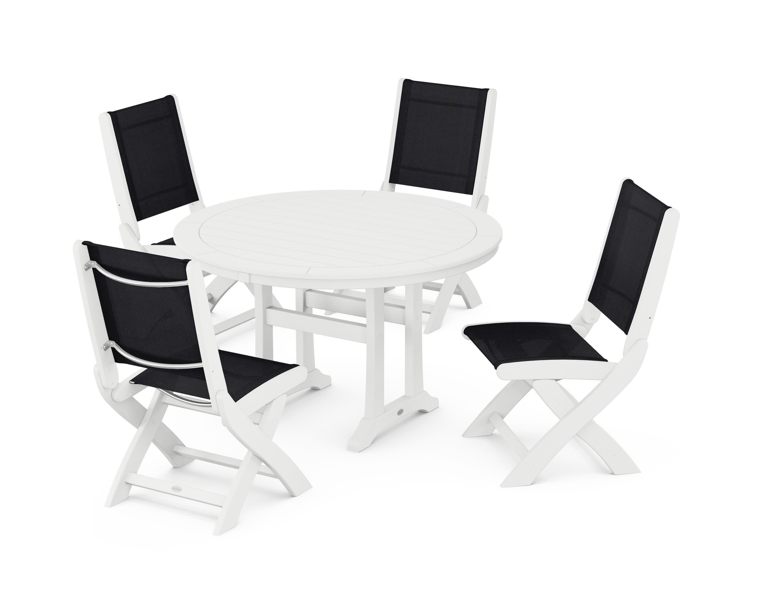 Coastal Folding Side Chair 5-Piece Round Dining Set With Trestle Legs in White / Black Sling