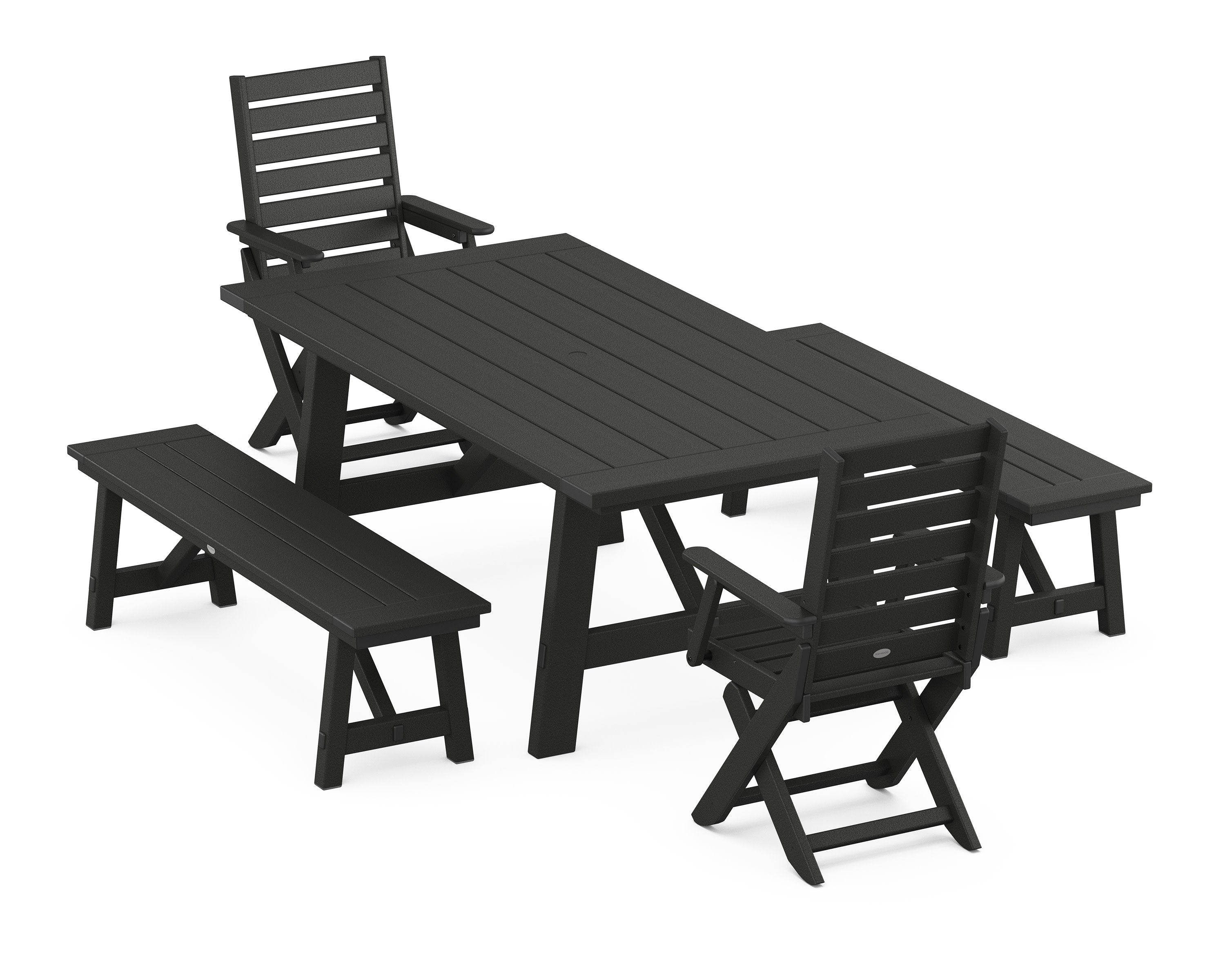 Captain Folding Chair 5-Piece Rustic Farmhouse Dining Set With Benches in Black
