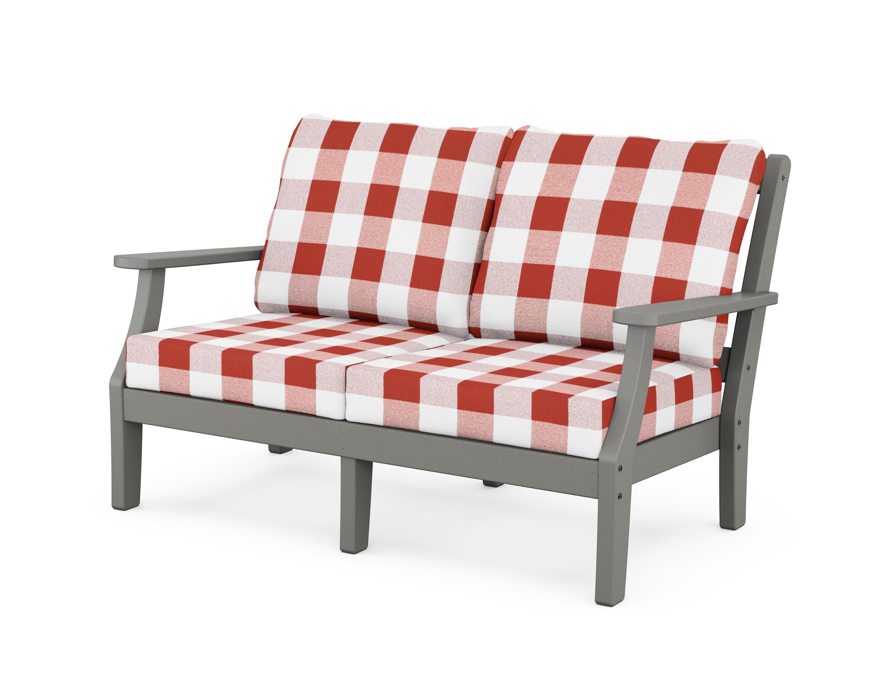 Chinoiserie Deep Seating Loveseat in Slate Grey / Buffalo Plaid Crimson