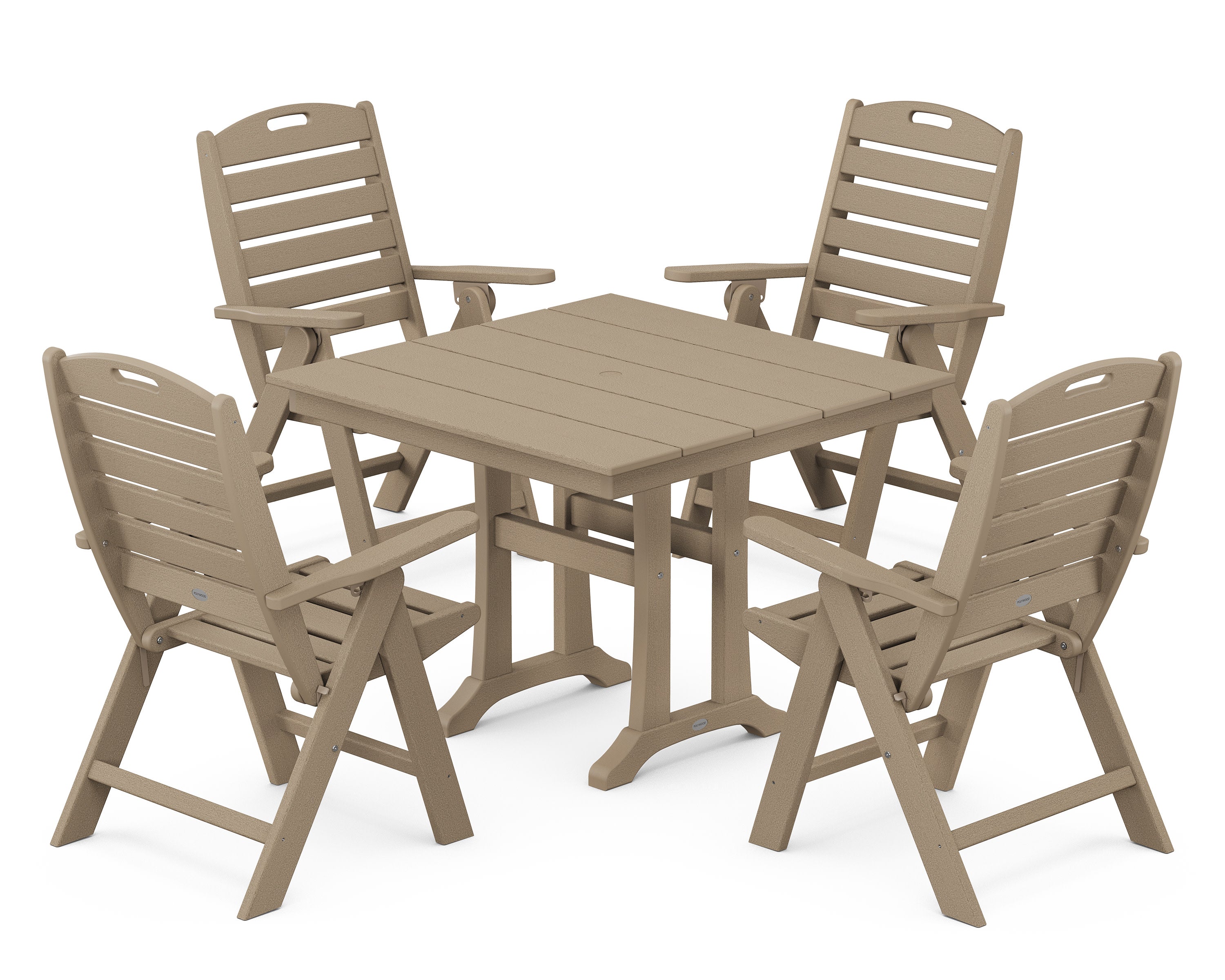 Nautical Folding Highback Chair 5-Piece Farmhouse Trestle Dining Set in Vintage Sahara