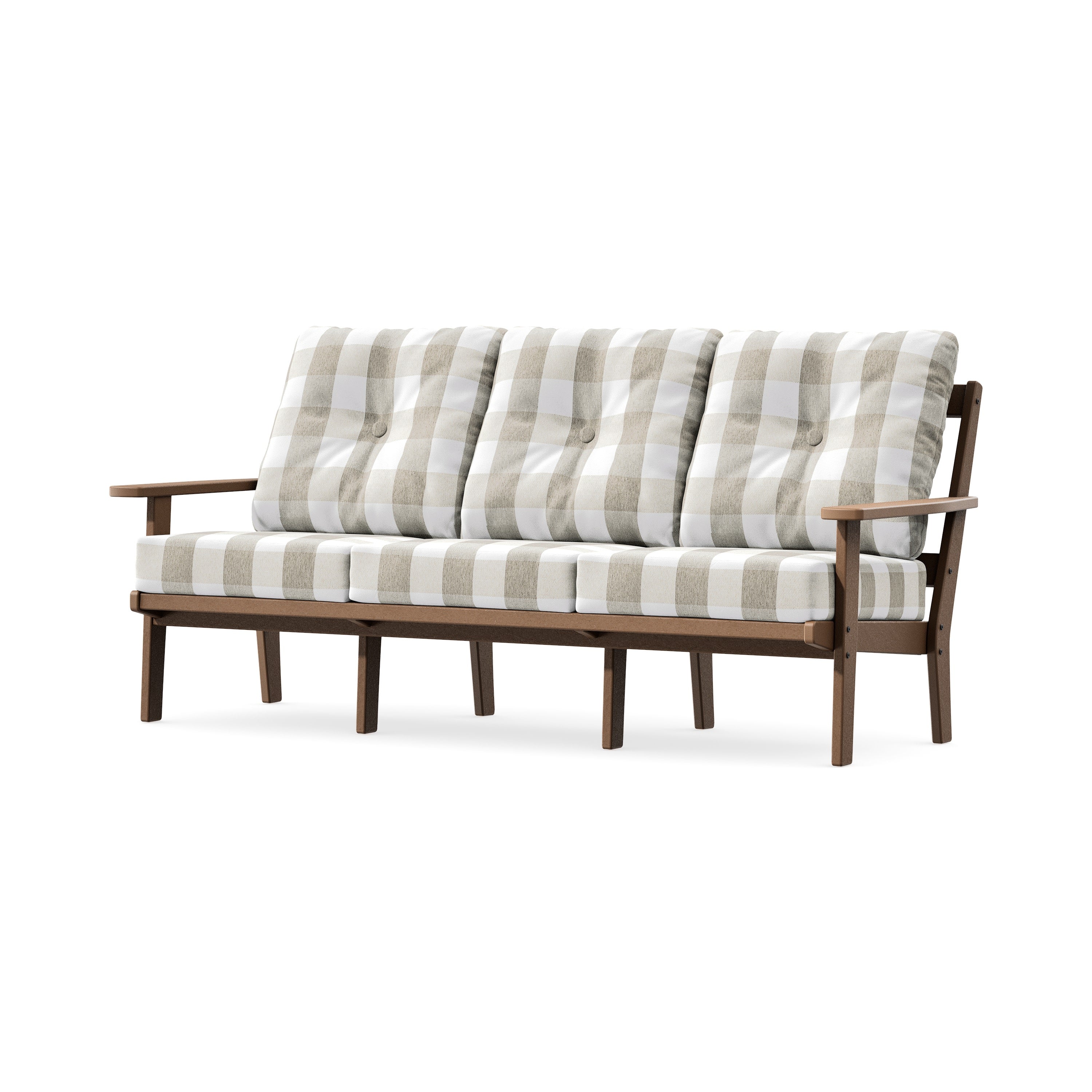 Oxford Deep Seating Sofa in Teak / Buffalo Plaid Dune Burlap