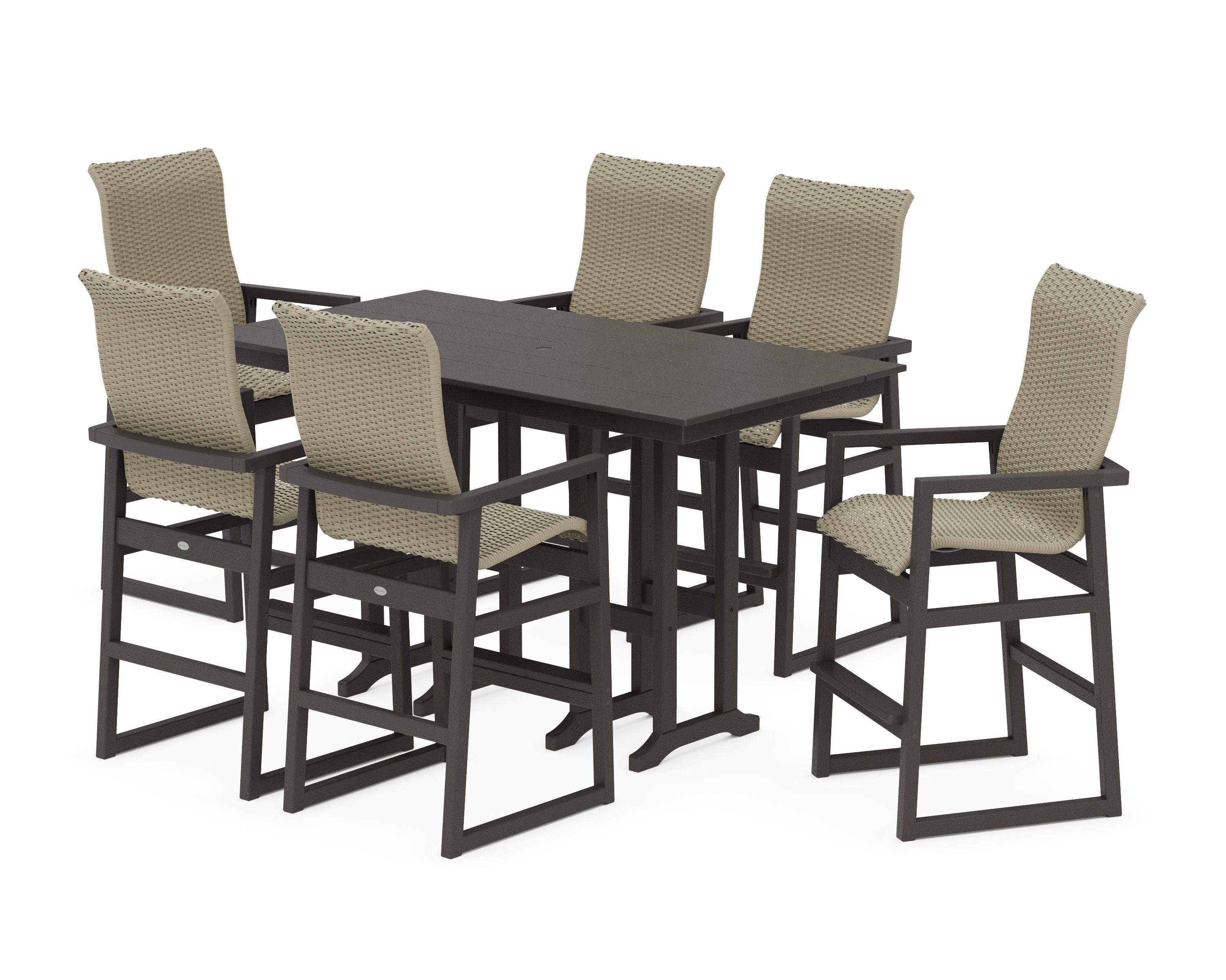 EDGE Woven Highback Arm Chair 7-Piece Farmhouse Bar Set in Vintage Coffee / Dune Grass