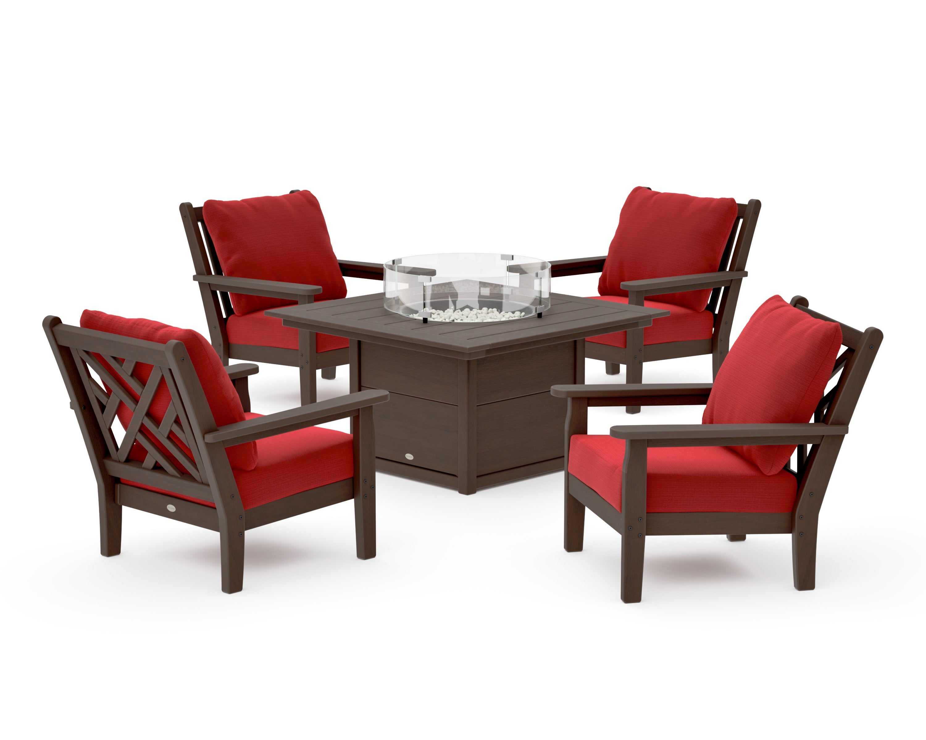 Chippendale 5-Piece Deep Seating Set with Fire Pit Table in Kona / Crimson Linen