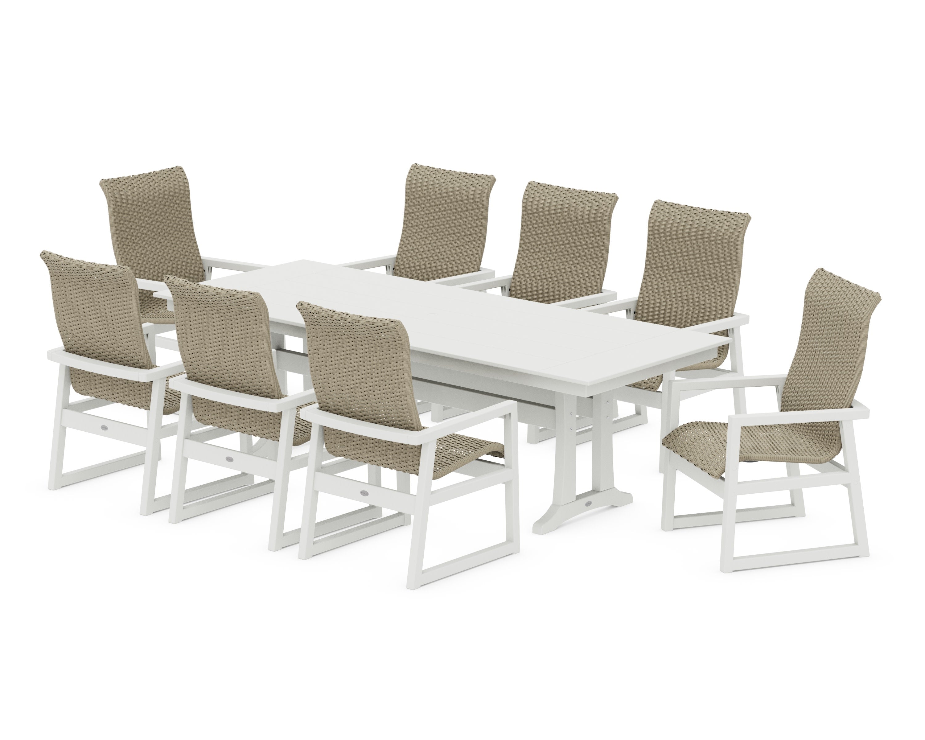 EDGE Woven Highback 9-Piece Farmhouse Dining Set with Trestle Legs in White / Dune Grass