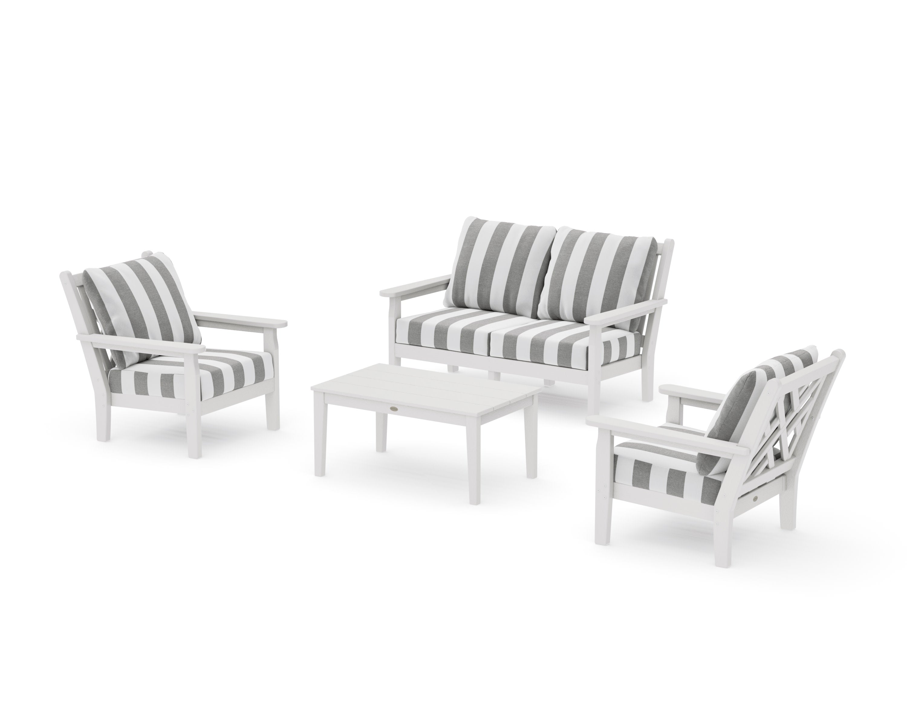 Chippendale 4-Piece Deep Seating Set with Loveseat in Vintage White / Cabana Stripe Grey Mist