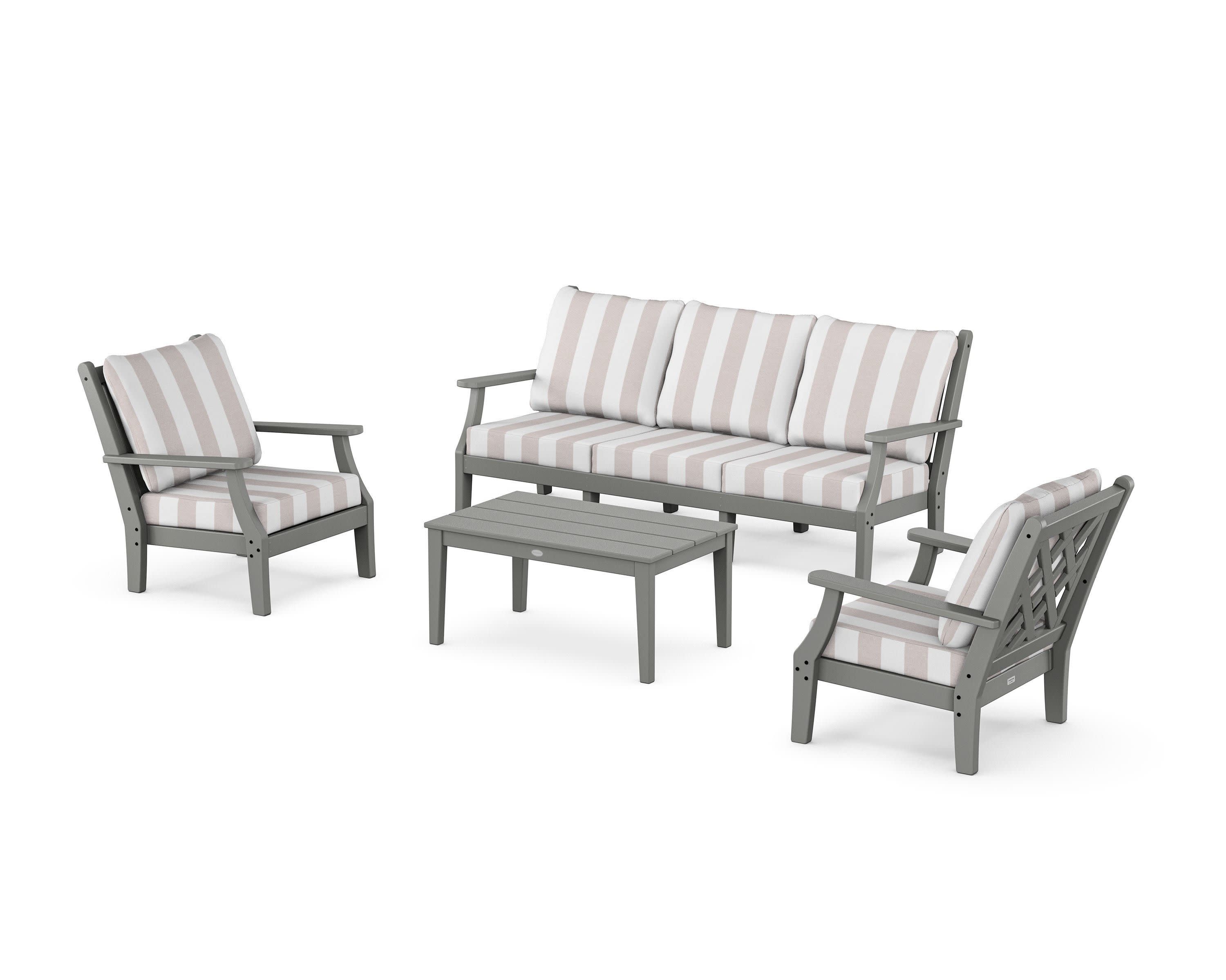 Wovendale 4-Piece Deep Seating Set with Sofa in Slate Grey / Cabana Stripe Dune Burlap