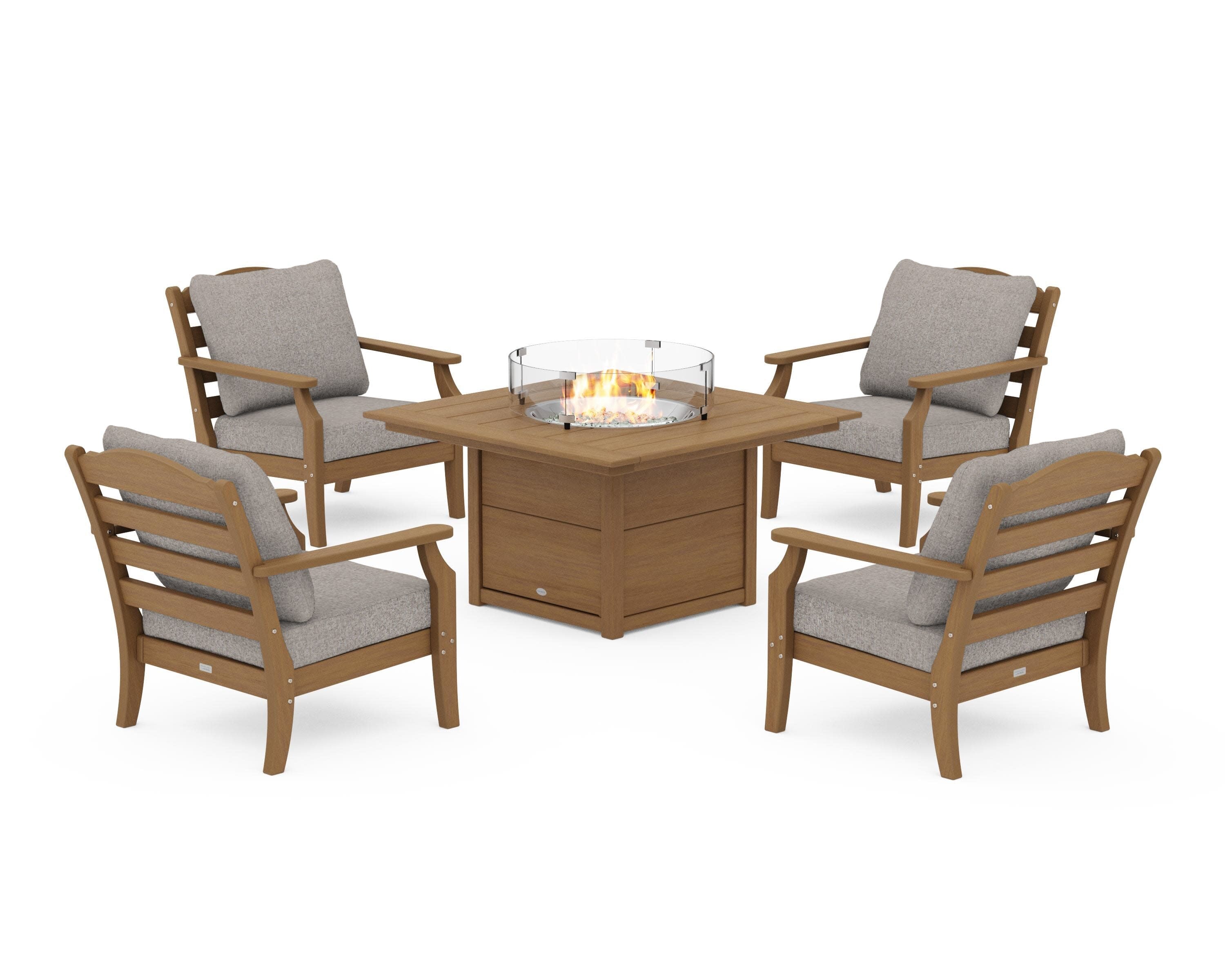 Savannah 5-Piece Deep Seating Set with Fire Pit Table in Natural / Weathered Tweed