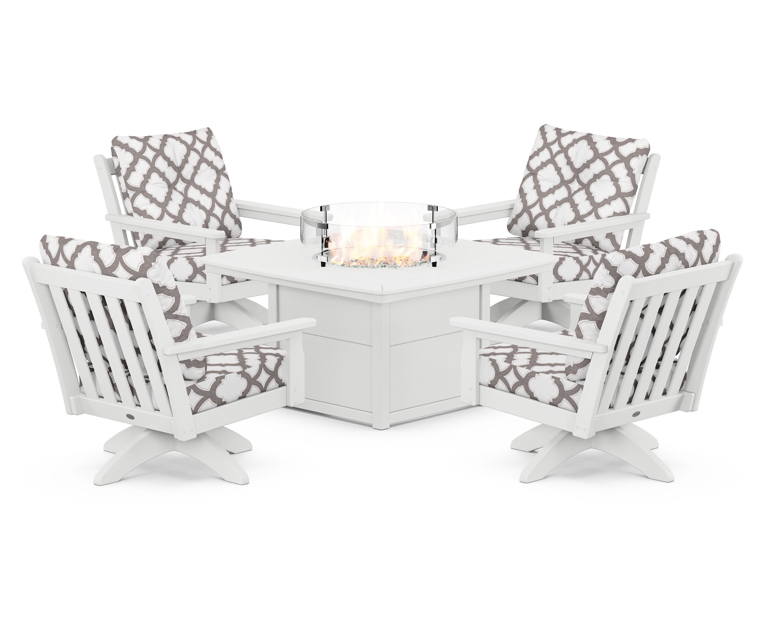 Vineyard 5-Piece Deep Seating Swivel Conversation Set with Fire Pit Table in White / Trellis Grey Mist