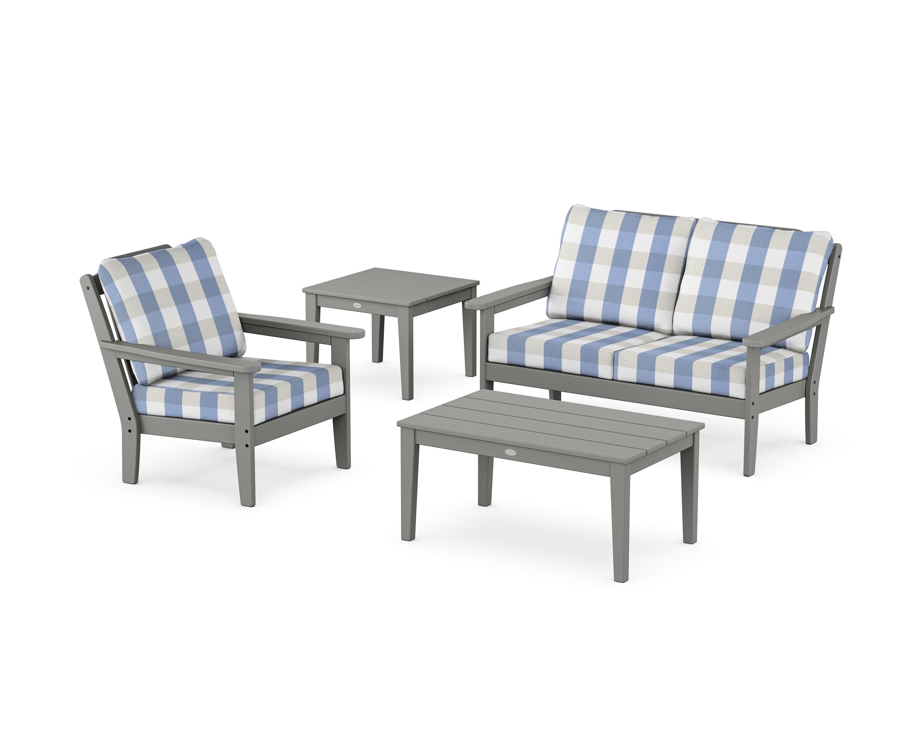 Wovendale 4-Piece Deep Seating Set in Slate Grey / Buffalo Plaid Sky Blue