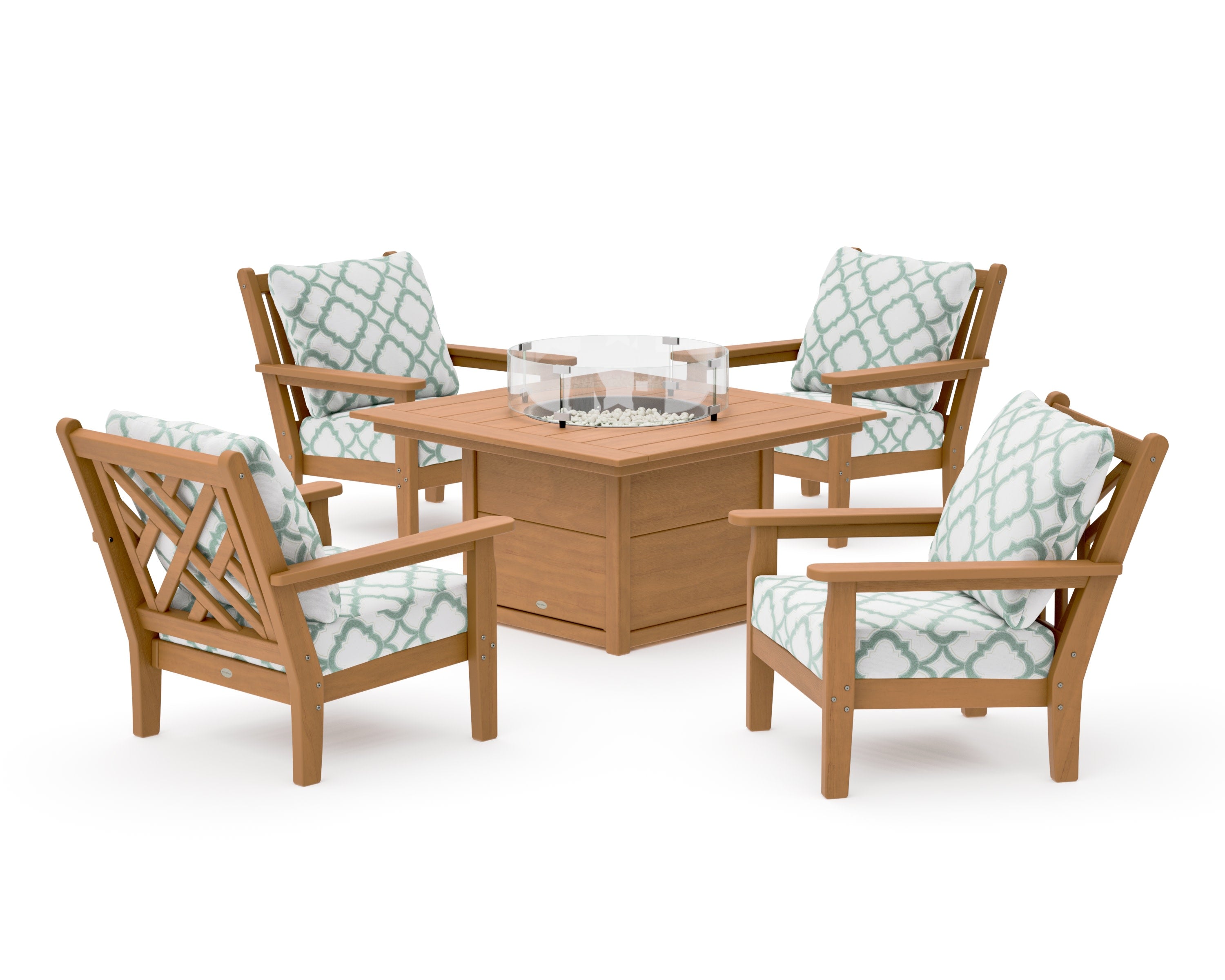 Chippendale 5-Piece Deep Seating Set with Fire Pit Table in Natural / Trellis Glacier Spa