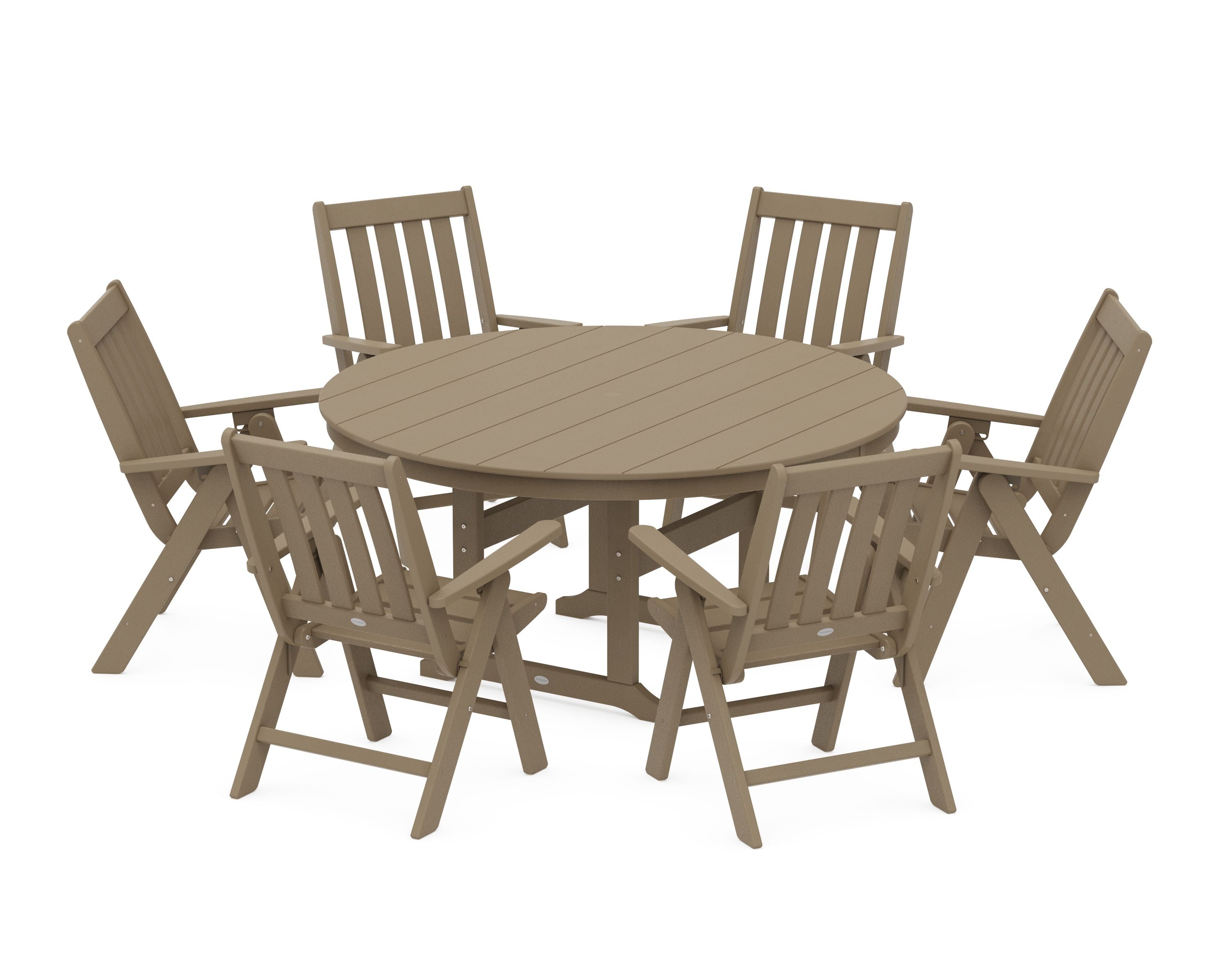 Vineyard 7-Piece Folding Chair Round Farmhouse Dining Set in Vintage Sahara