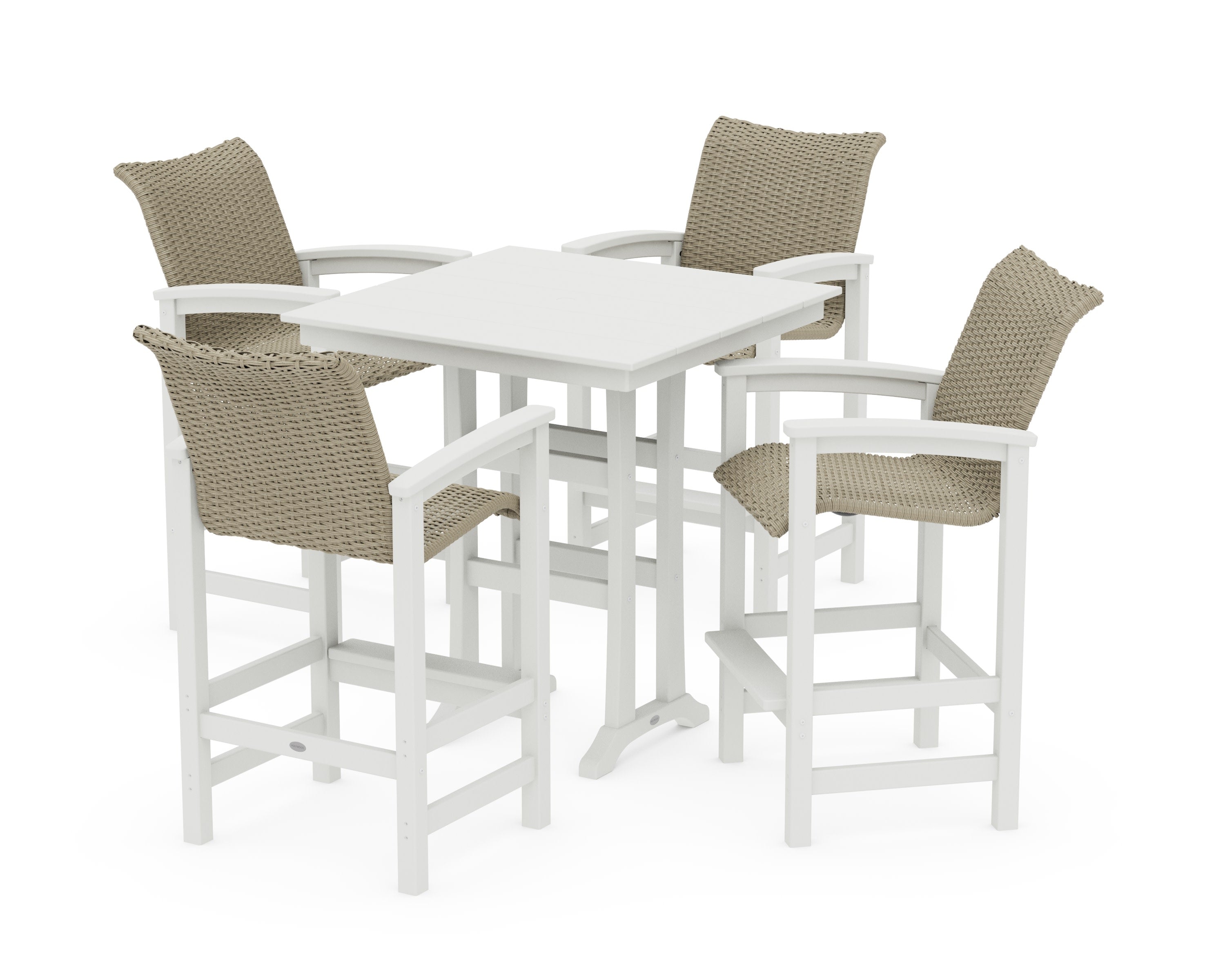 Coastal Woven 5-Piece Farmhouse Bar Set with Trestle Legs in White / Dune Grass