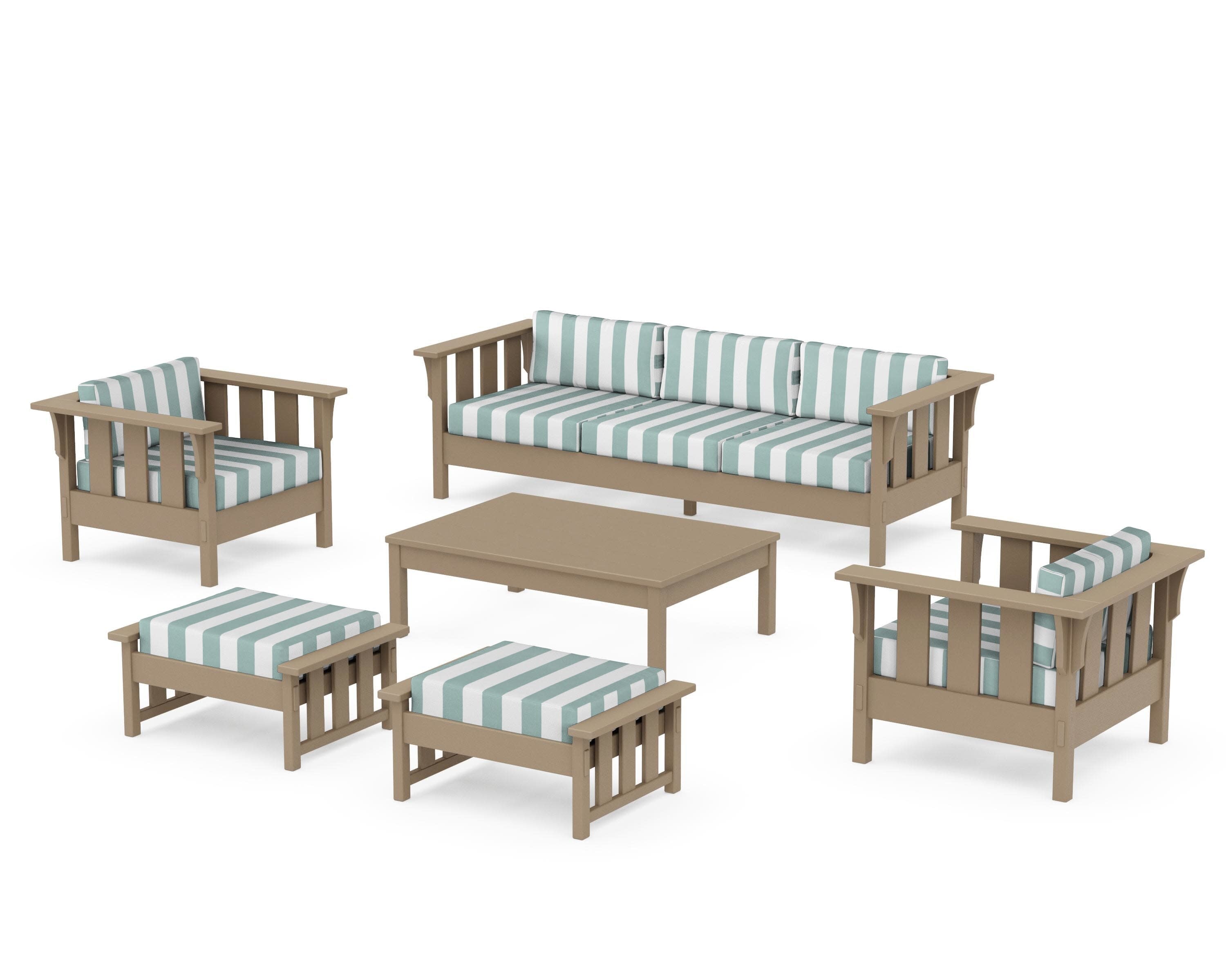 Acadia 6-Piece Lounge Sofa Set in Vintage Sahara / Cabana Stripe Glacier Spa