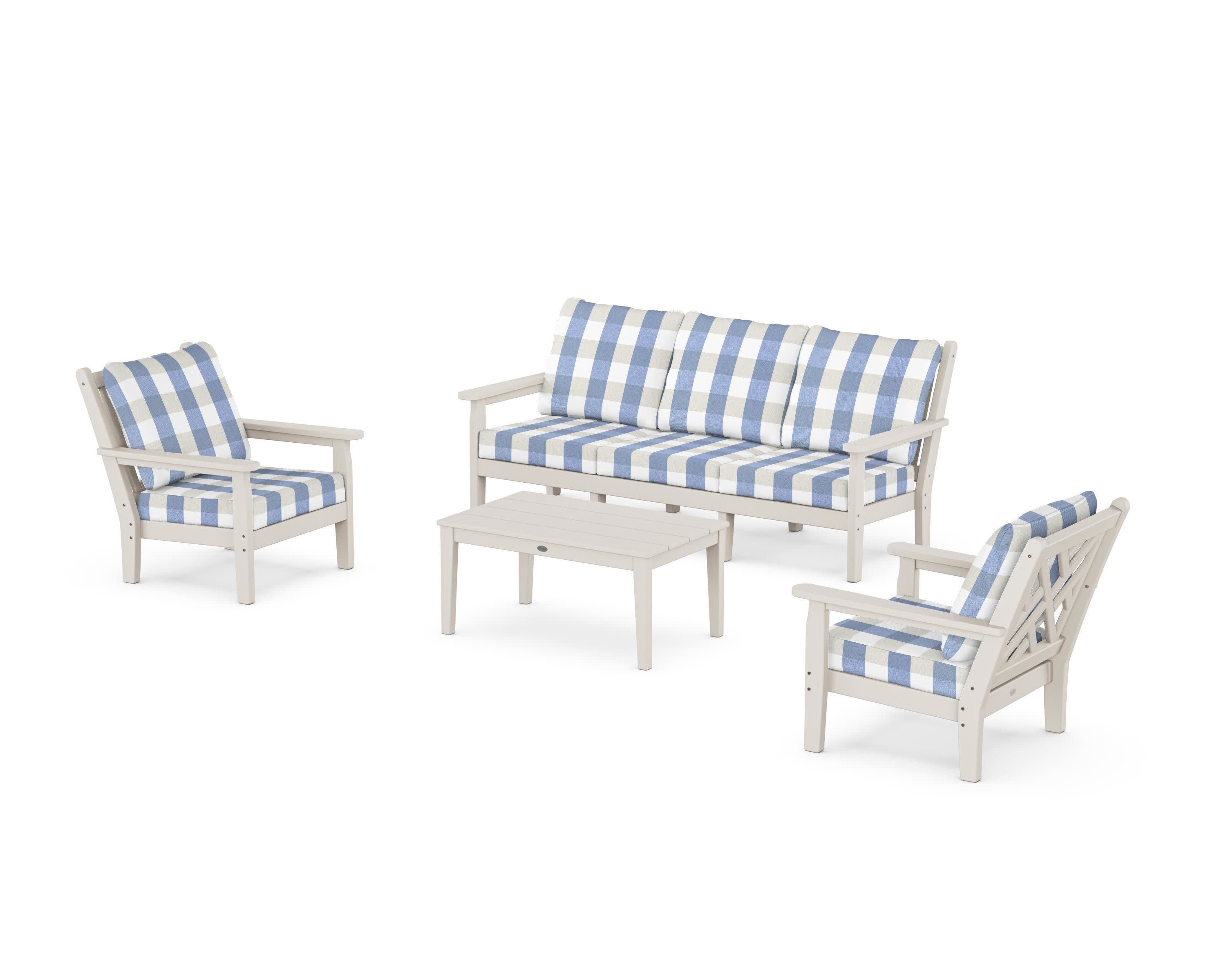 Chippendale 4-Piece Deep Seating Set with Sofa in Sand / Buffalo Plaid Sky Blue