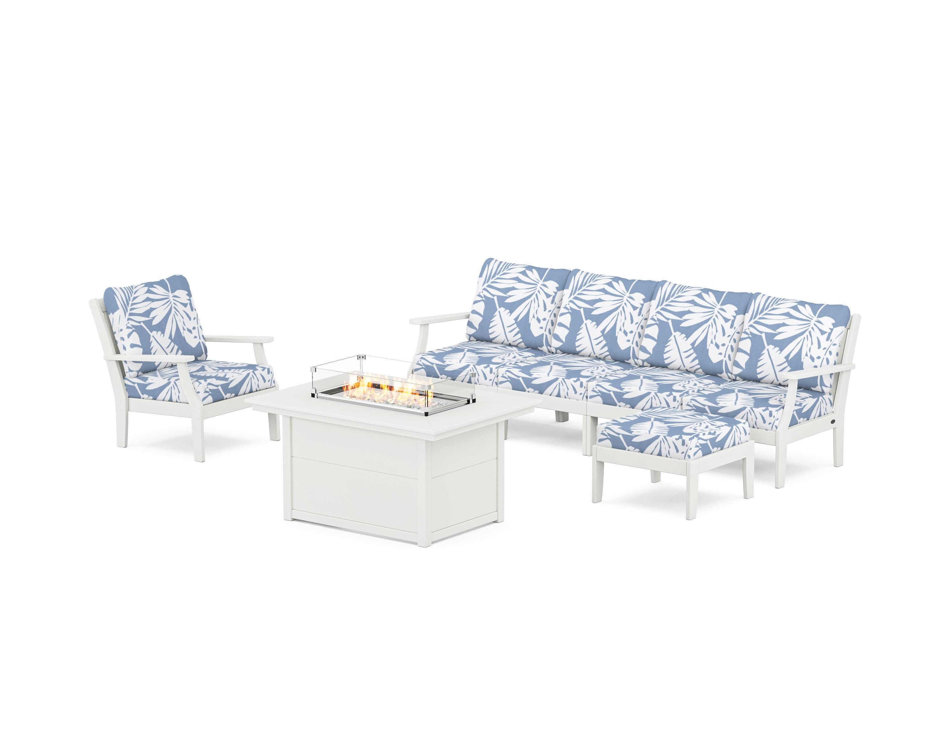 Braxton Sectional Lounge and Fire Pit Set in Vintage White / Leaf Sky Blue