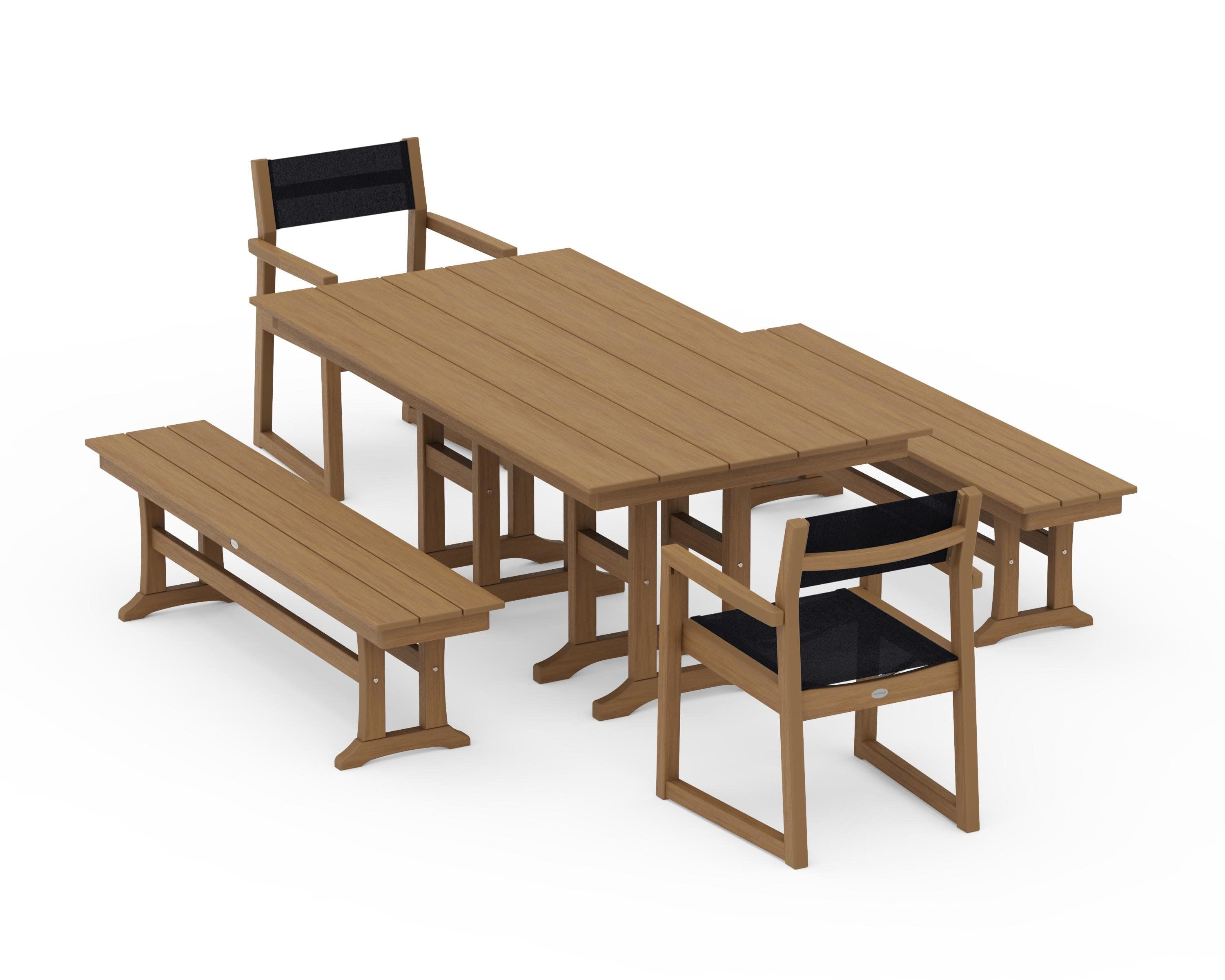 EDGE Sling Arm Chair 5-Piece Farmhouse Dining Set with Benches in Natural / Black Sling